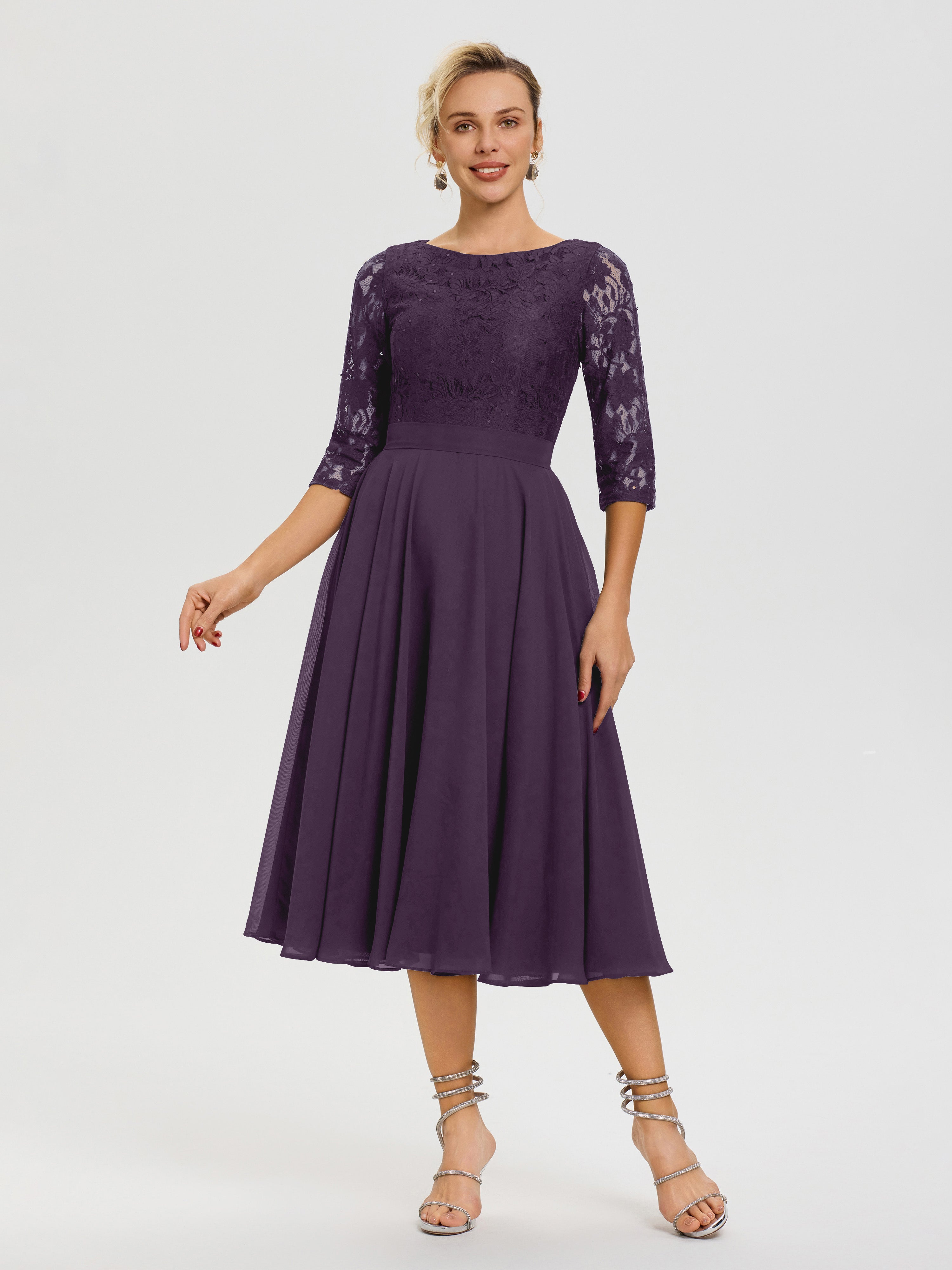 Robe Mariage Mère De La Mariée Plum Col Rond Mousseline & Dentelle Robe Mère De La Mariée