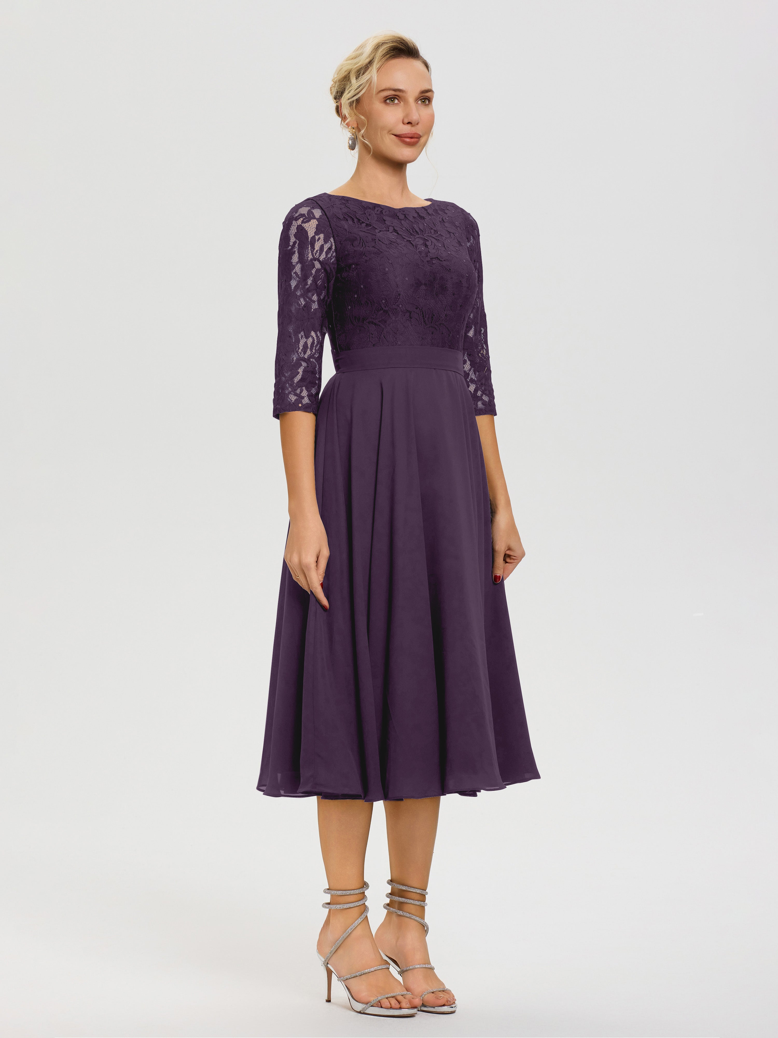 Robe Mariage Mère De La Mariée Plum Col Rond Mousseline & Dentelle Robe Mère De La Mariée