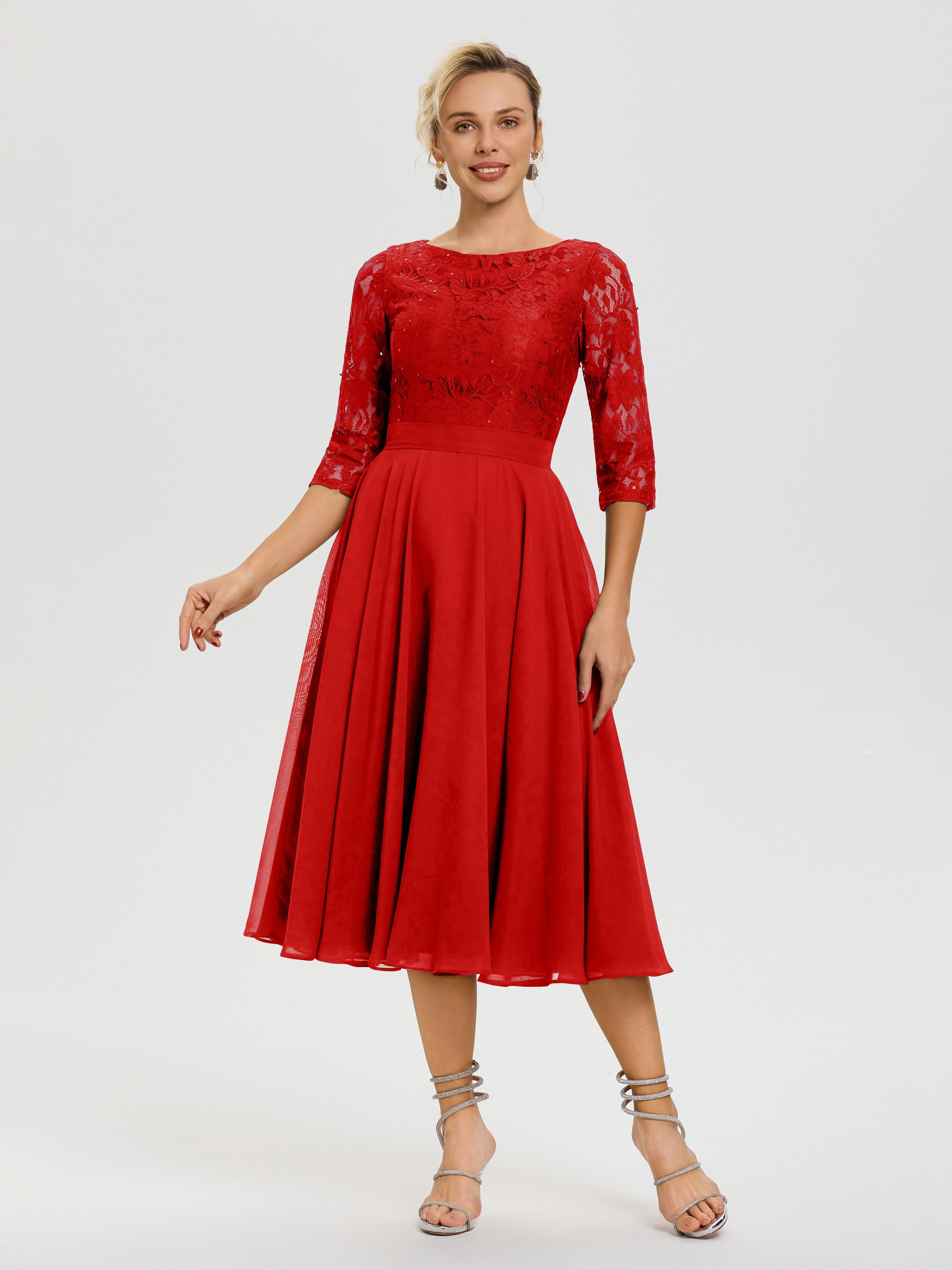 Robe Mariage Mère De La Mariée Rouge Col Rond Mousseline & Dentelle Robe Mère De La Mariée