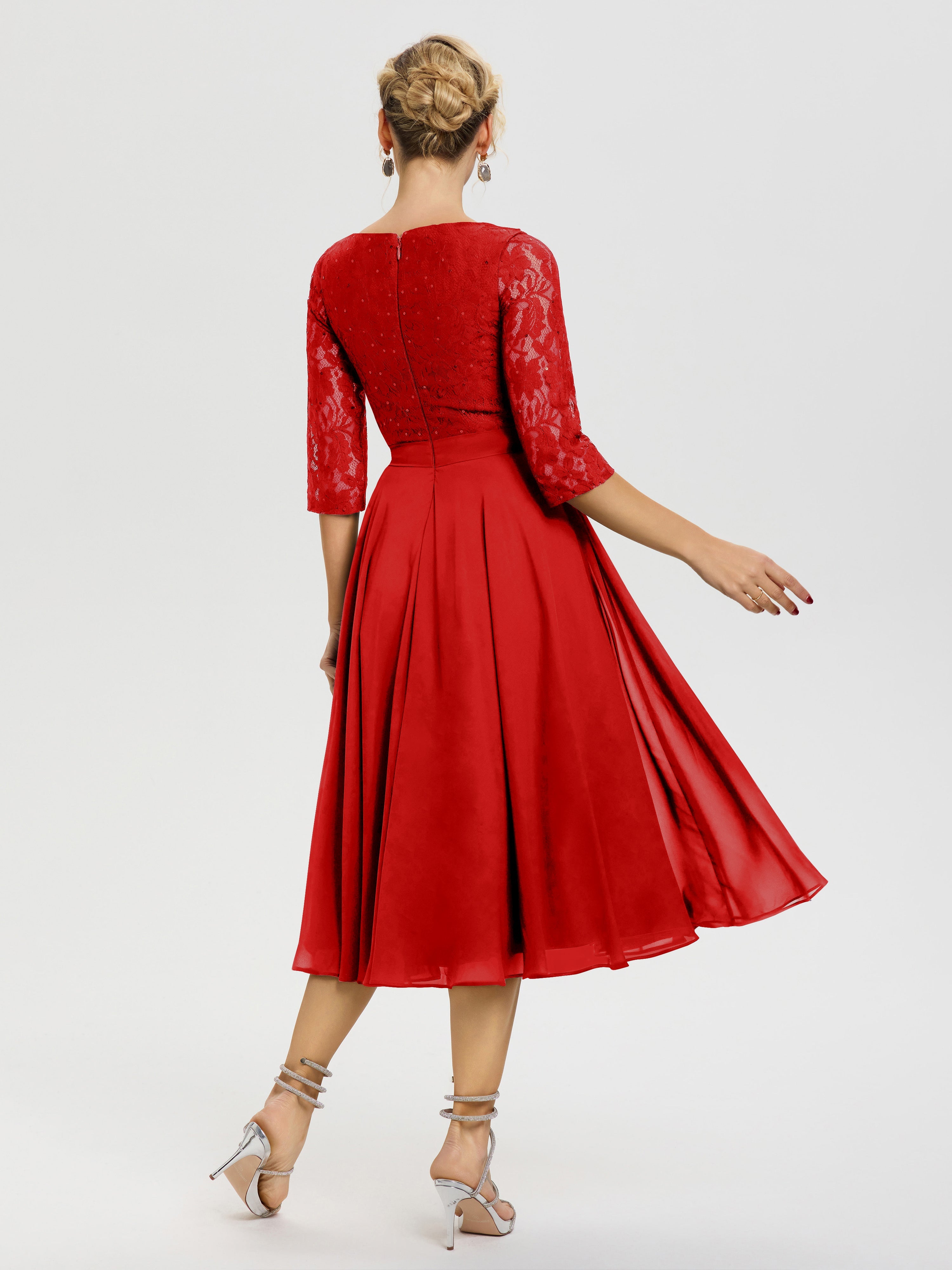 Robe Mariage Mère De La Mariée Rouge Col Rond Mousseline & Dentelle Robe Mère De La Mariée