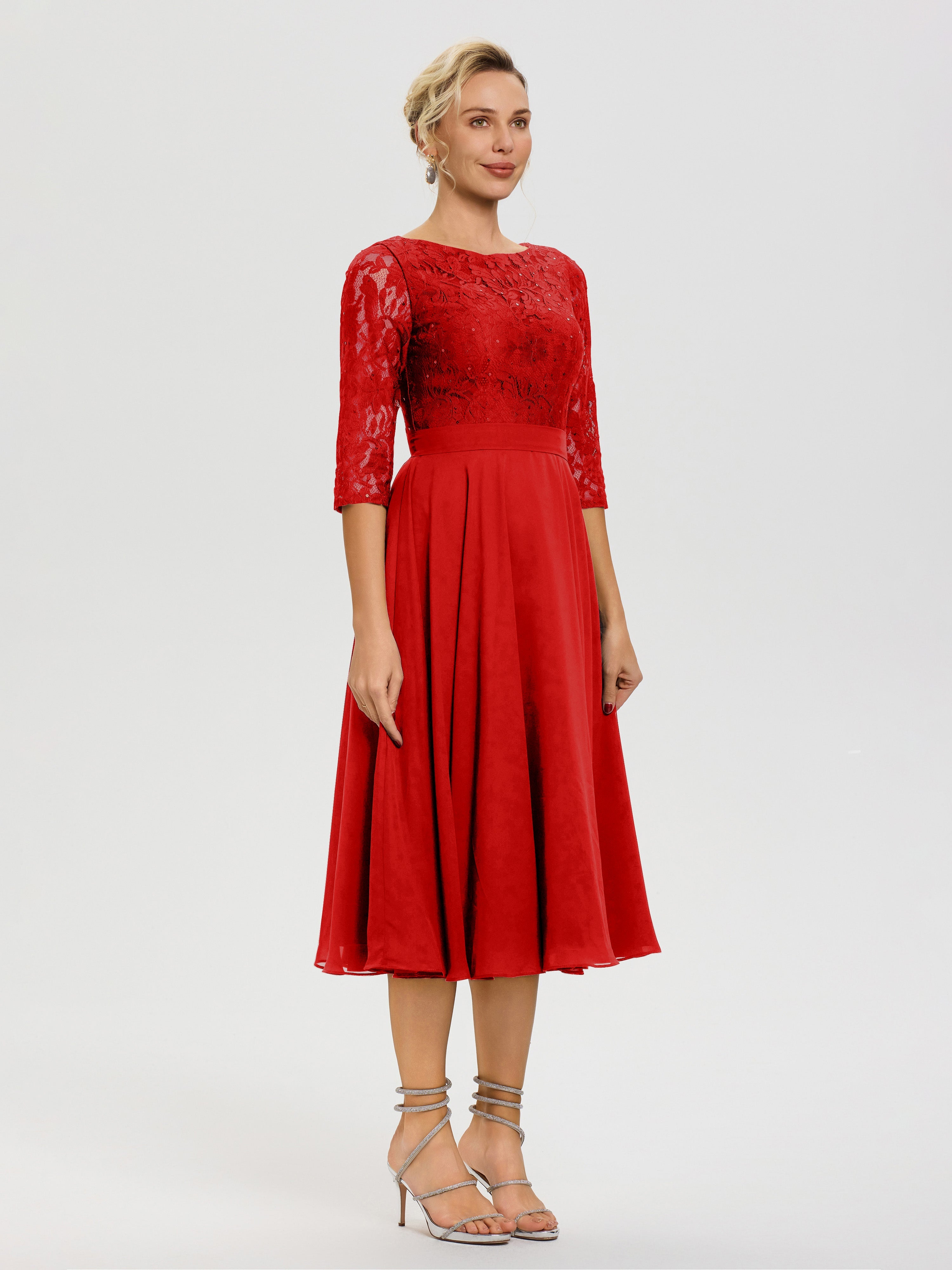 Robe Mariage Mère De La Mariée Rouge Col Rond Mousseline & Dentelle Robe Mère De La Mariée