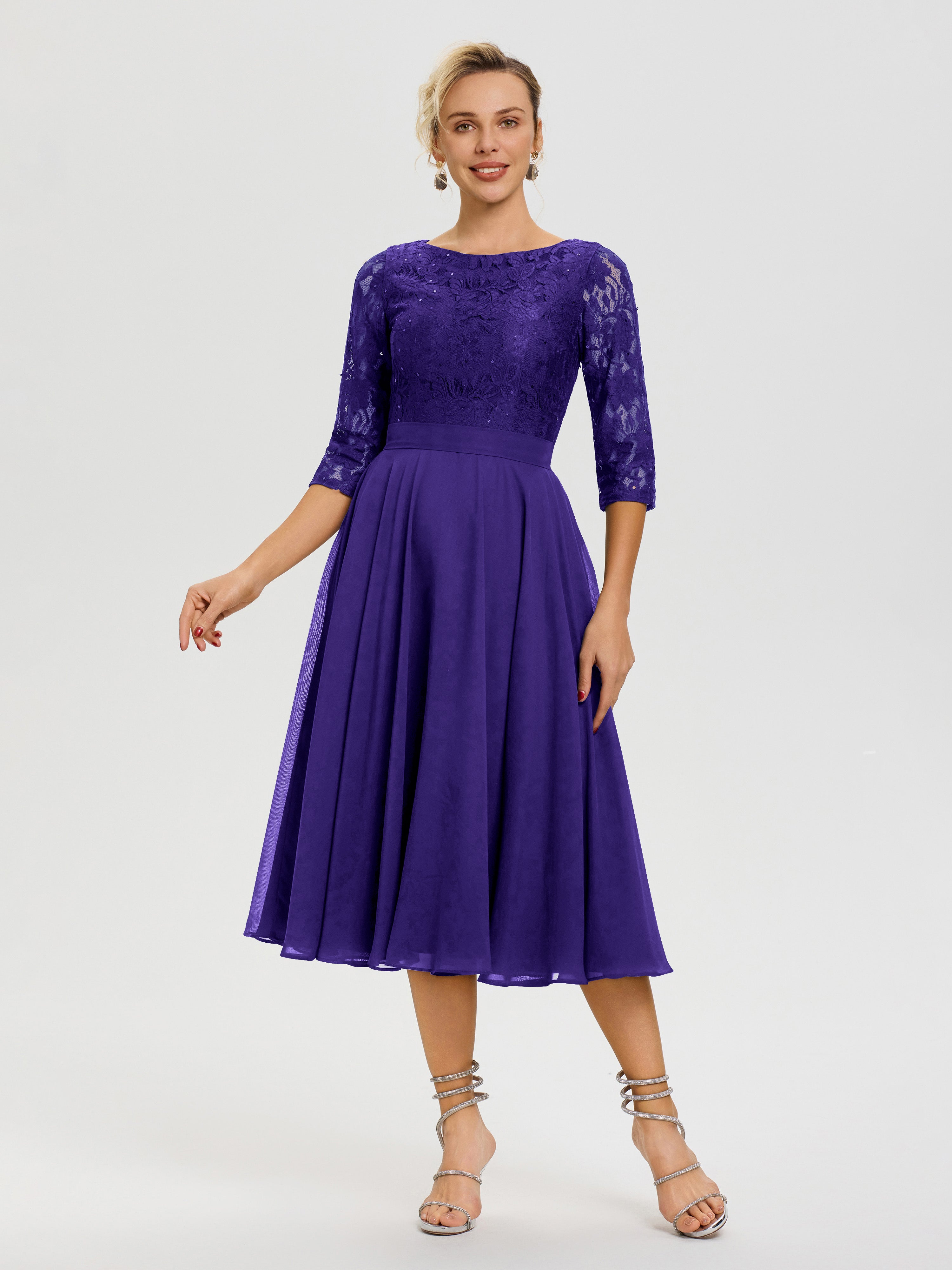 Robe Mariage Mère De La Mariée Régence Col Rond Mousseline & Dentelle Robe Mère De La Mariée