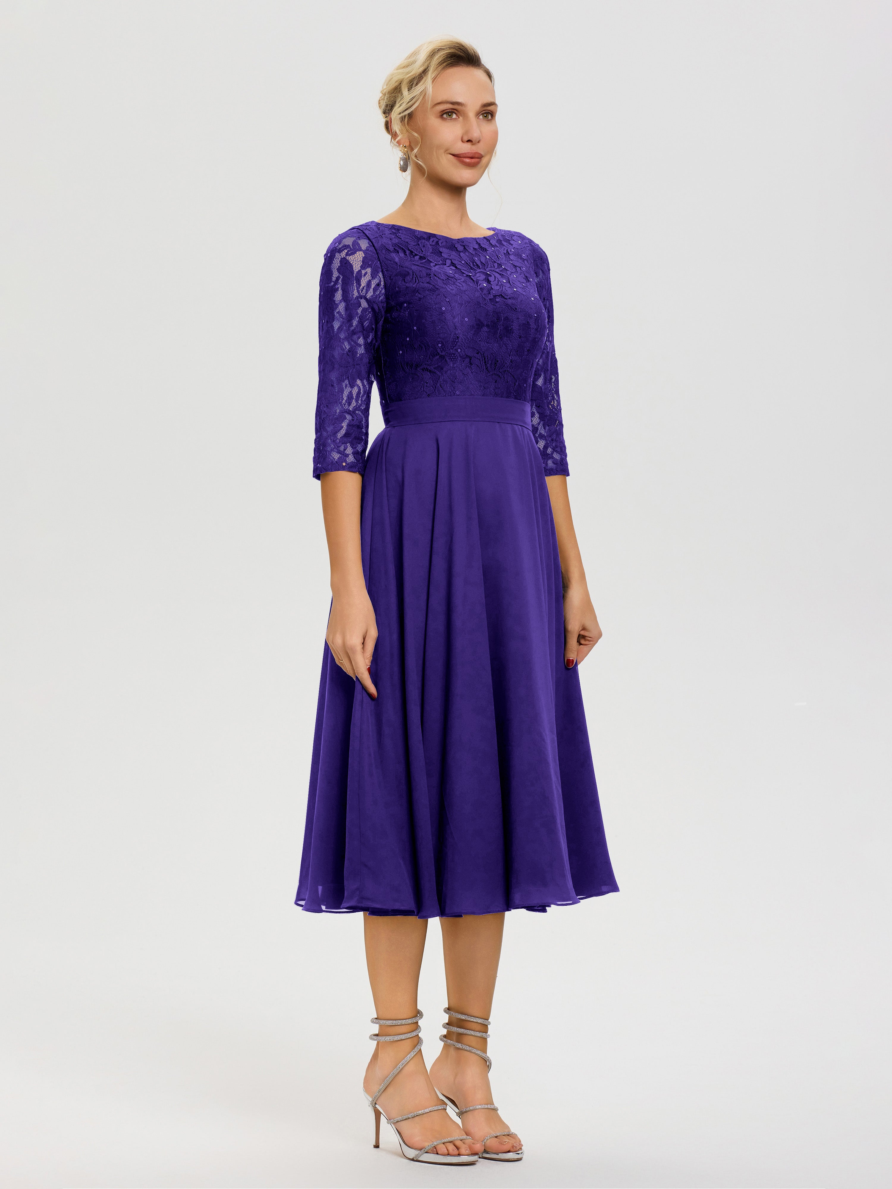 Robe Mariage Mère De La Mariée Régence Col Rond Mousseline & Dentelle Robe Mère De La Mariée