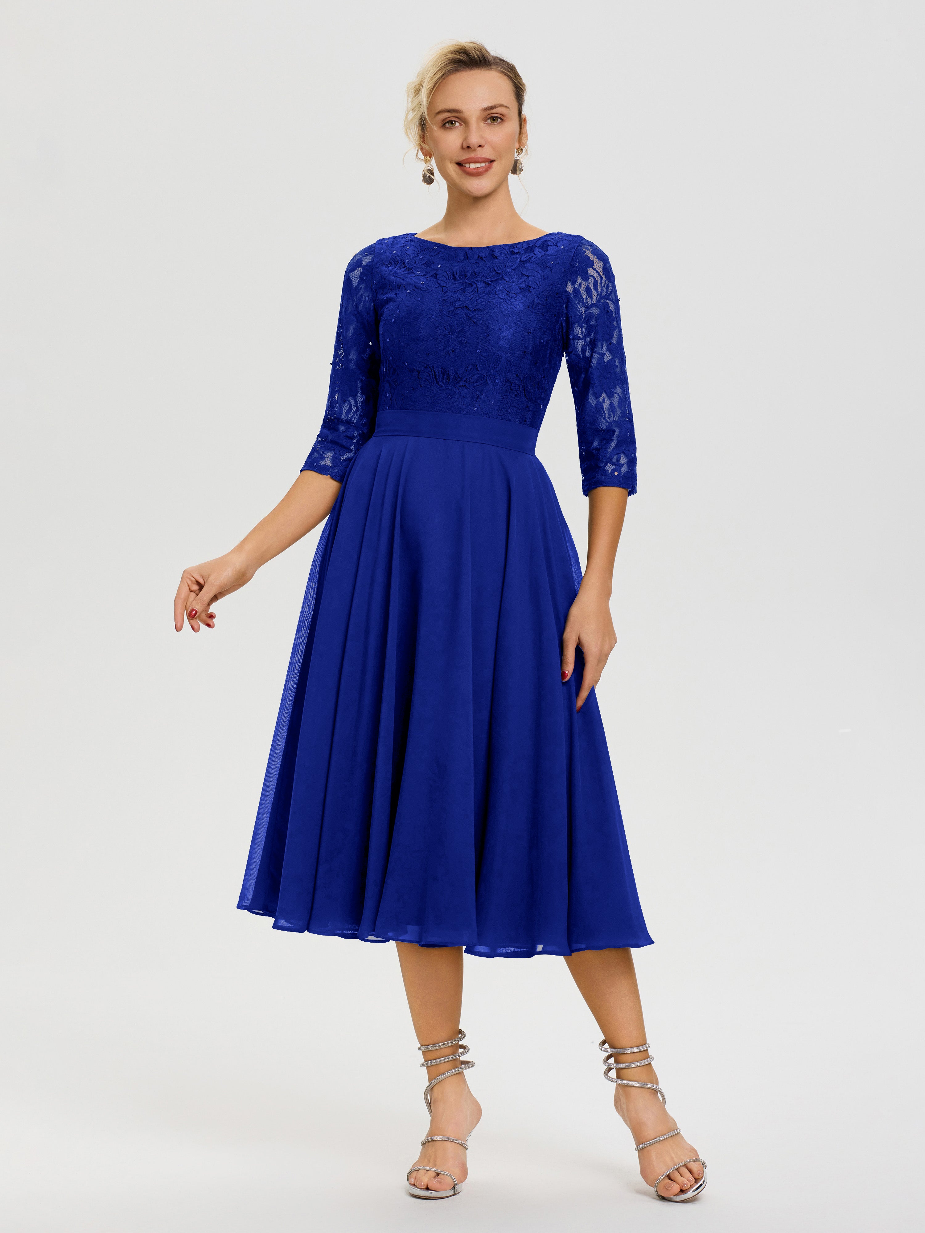 Robe Mere Dela Mariee Bleu Royale Col Rond Mousseline & Dentelle Robe Mère De La Mariée