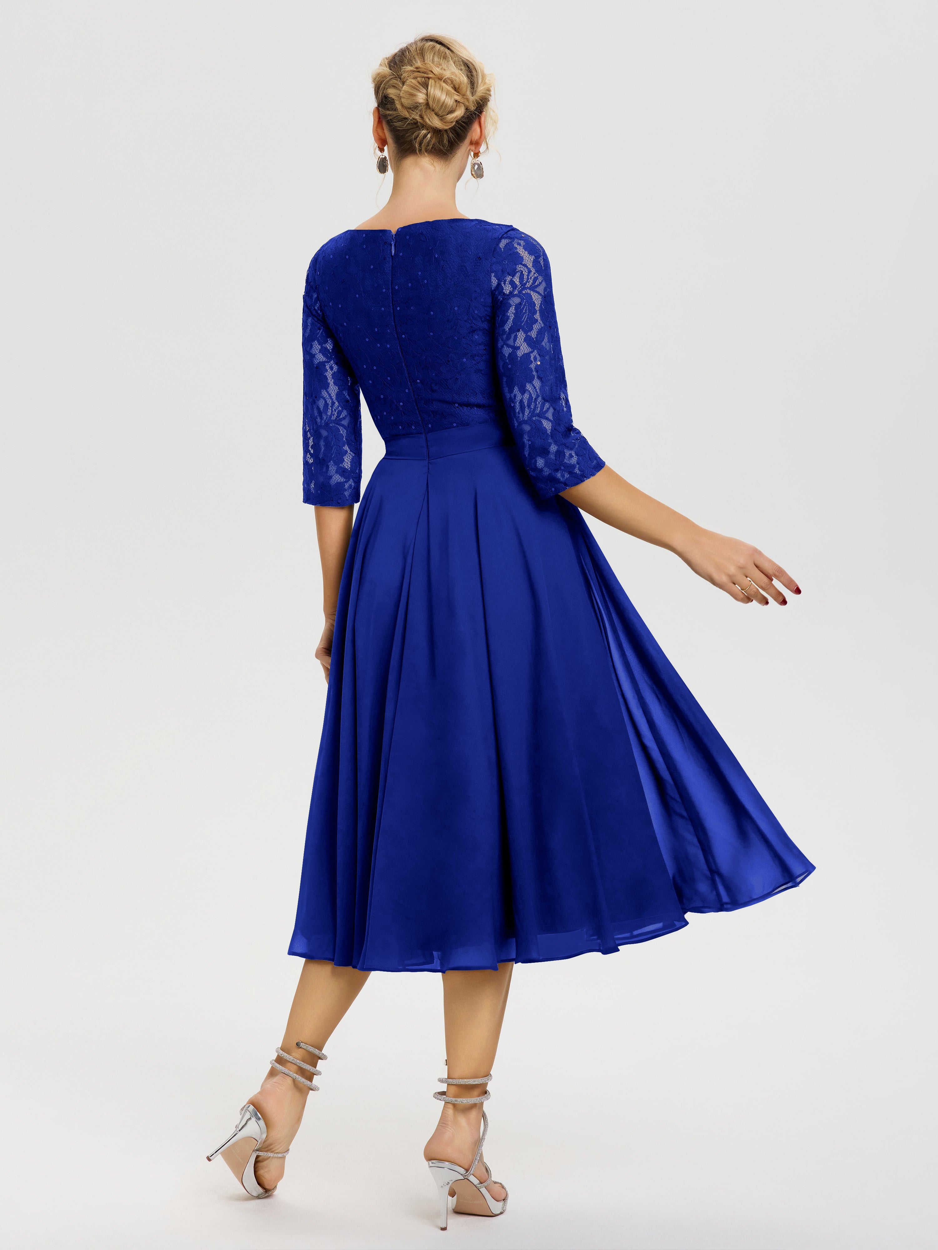 Robe Mere Dela Mariee Bleu Royale Col Rond Mousseline & Dentelle Robe Mère De La Mariée