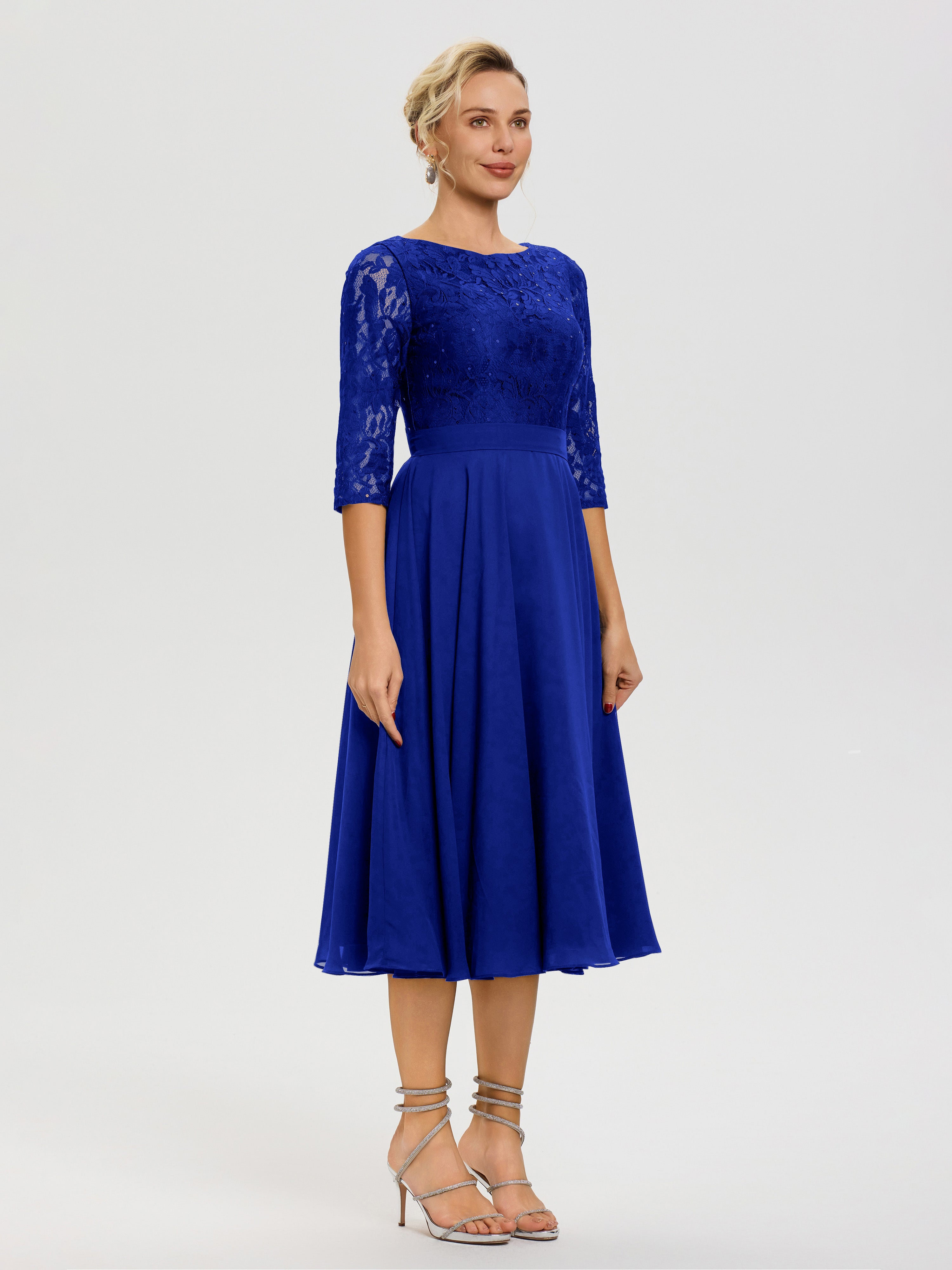 Robe Mere Dela Mariee Bleu Royale Col Rond Mousseline & Dentelle Robe Mère De La Mariée