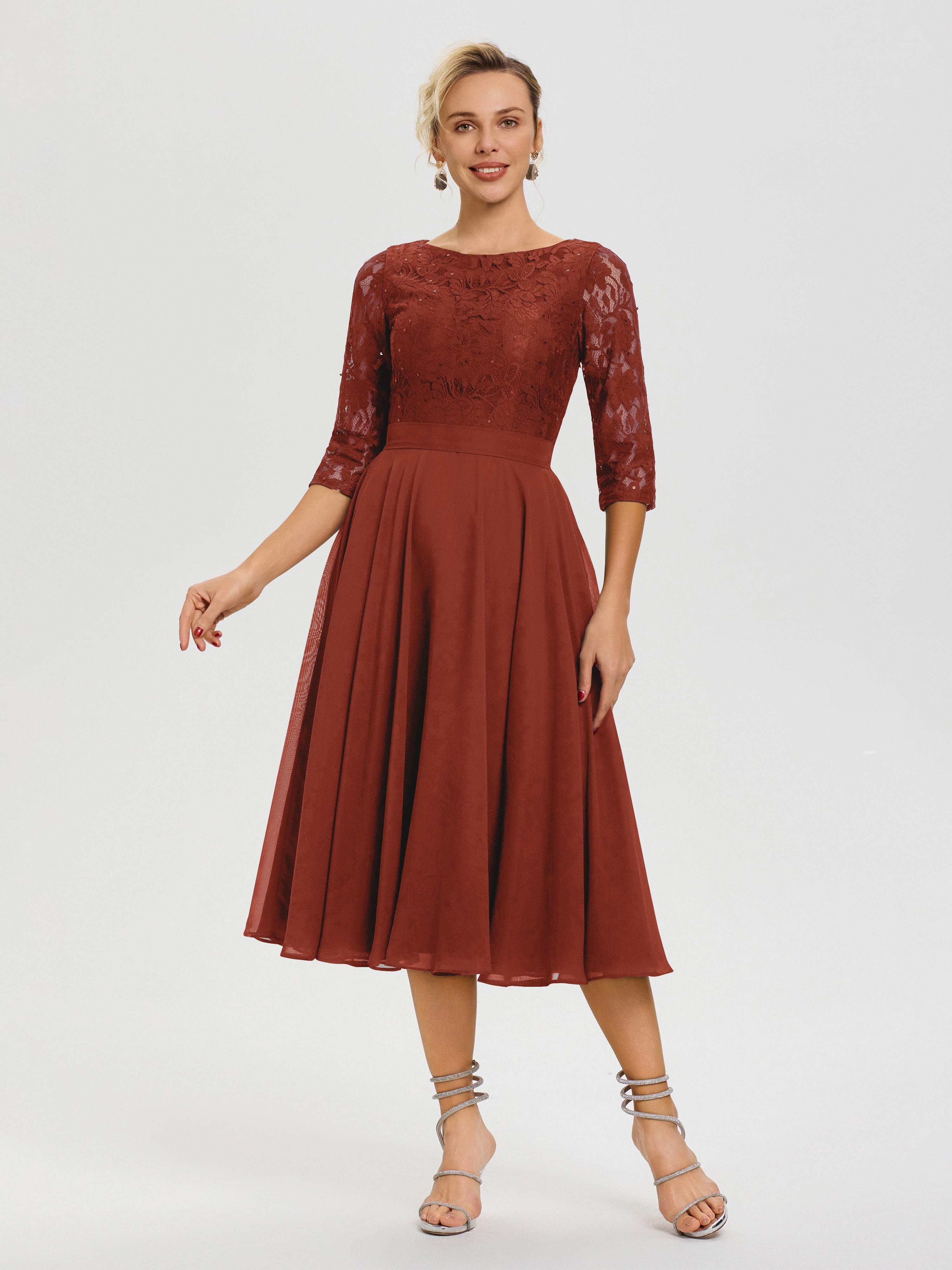 Robe Mariage Mère De La Mariée Rouille Col Rond Mousseline & Dentelle Robe Mère De La Mariée