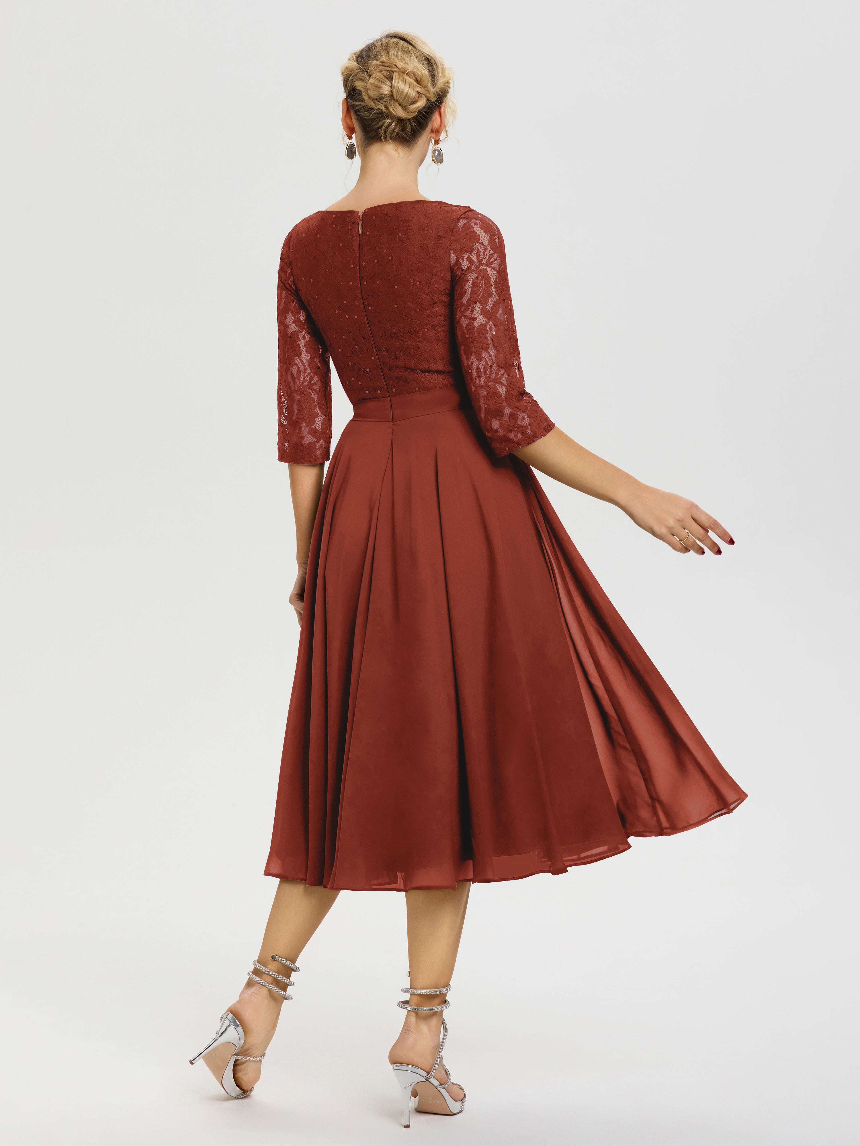 Robe Mariage Mère De La Mariée Rouille Col Rond Mousseline & Dentelle Robe Mère De La Mariée