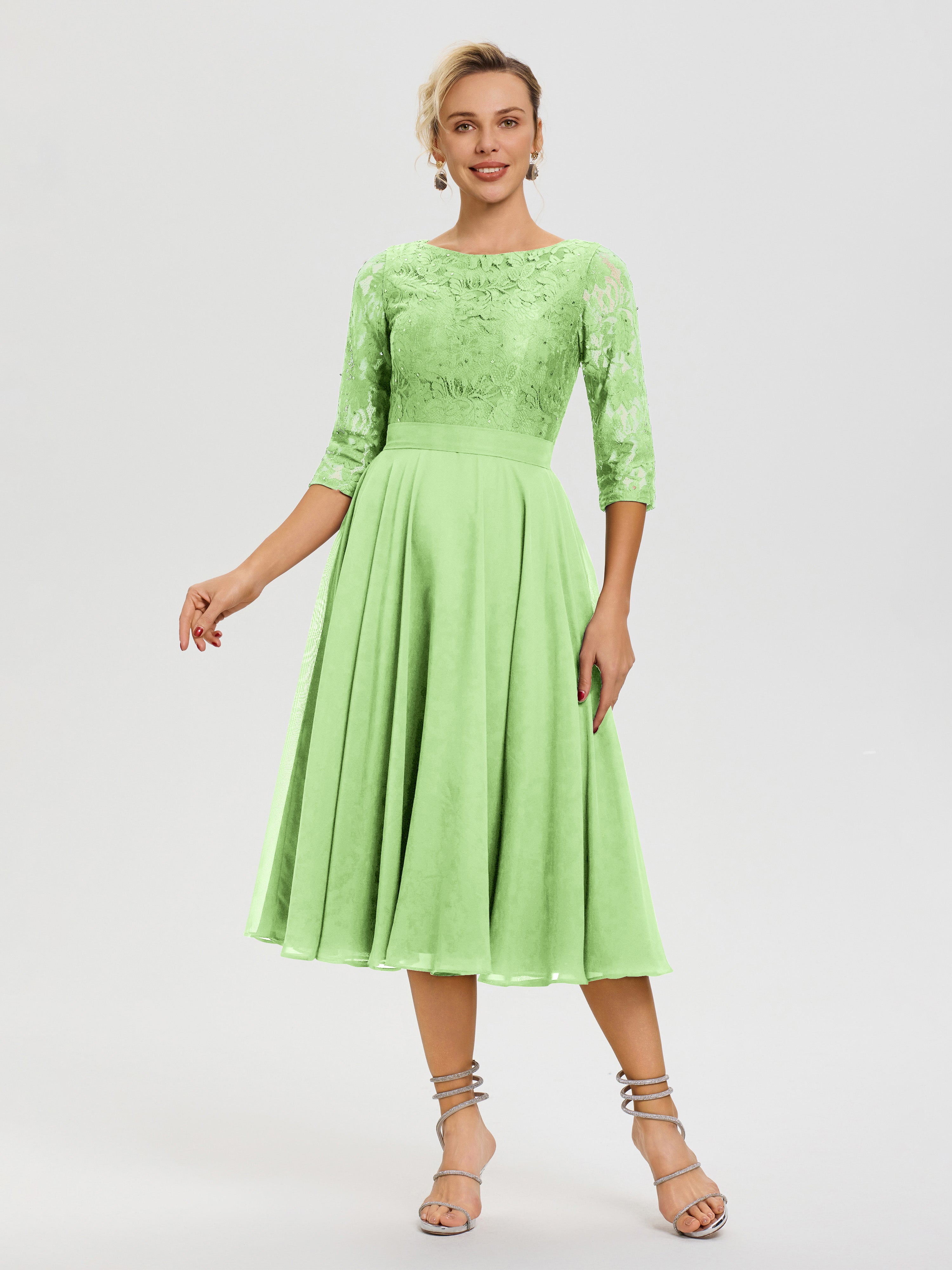 Robe Mère De La Mariée Vert Sauge Col Rond Mousseline & Dentelle Robe Mère De La Mariée