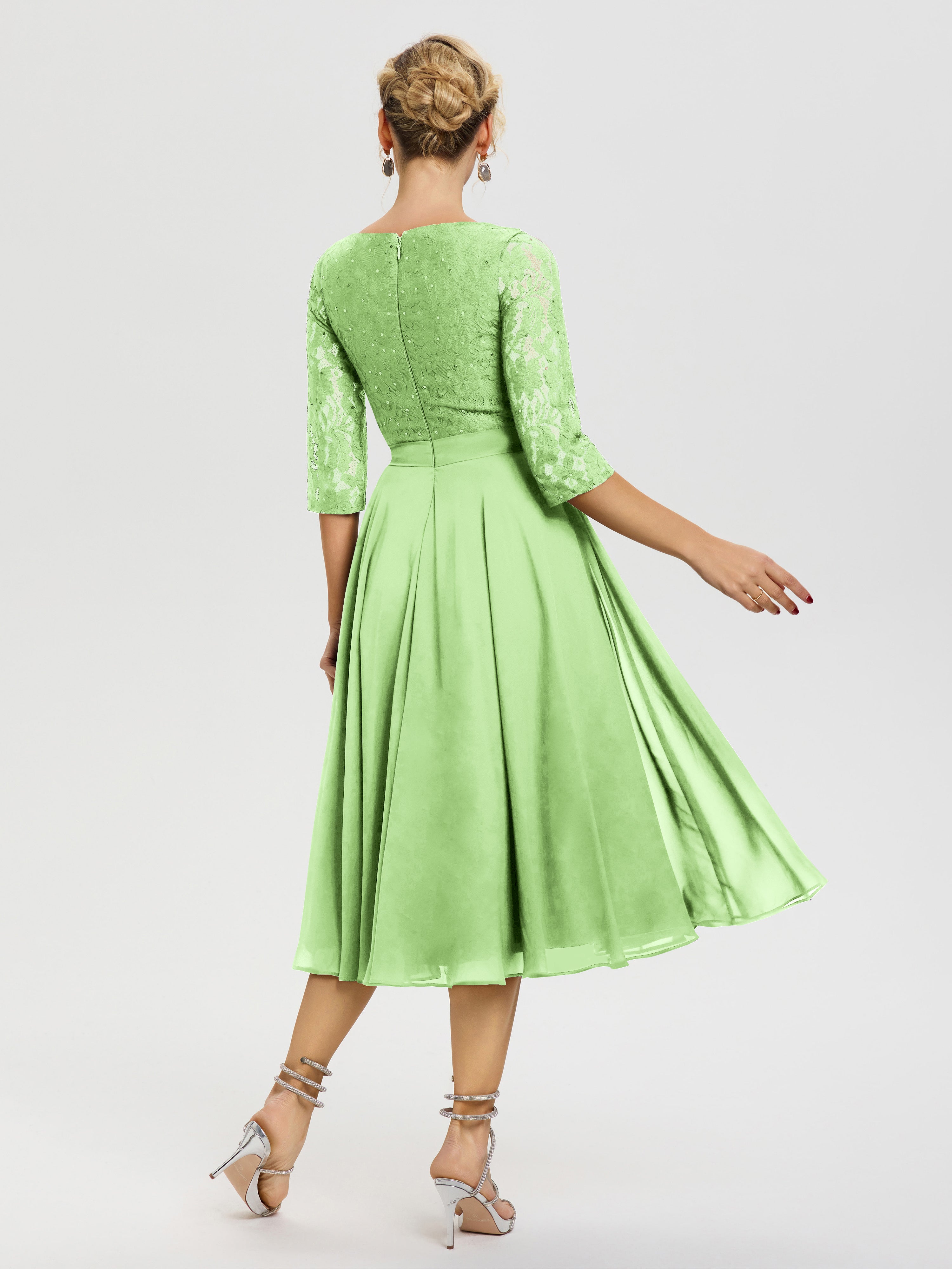 Robe Mère De La Mariée Vert Sauge Col Rond Mousseline & Dentelle Robe Mère De La Mariée