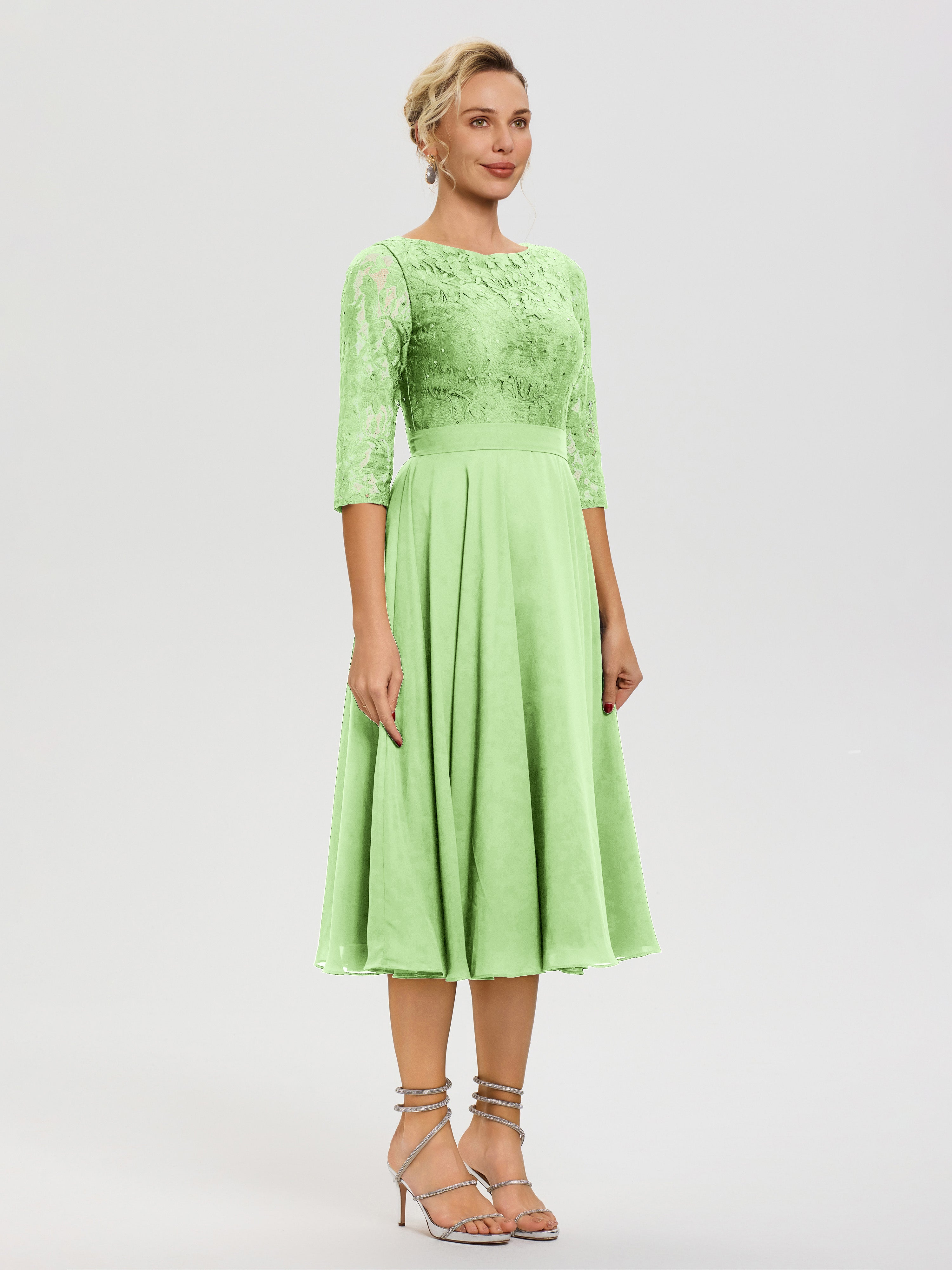 Robe Mère De La Mariée Vert Sauge Col Rond Mousseline & Dentelle Robe Mère De La Mariée