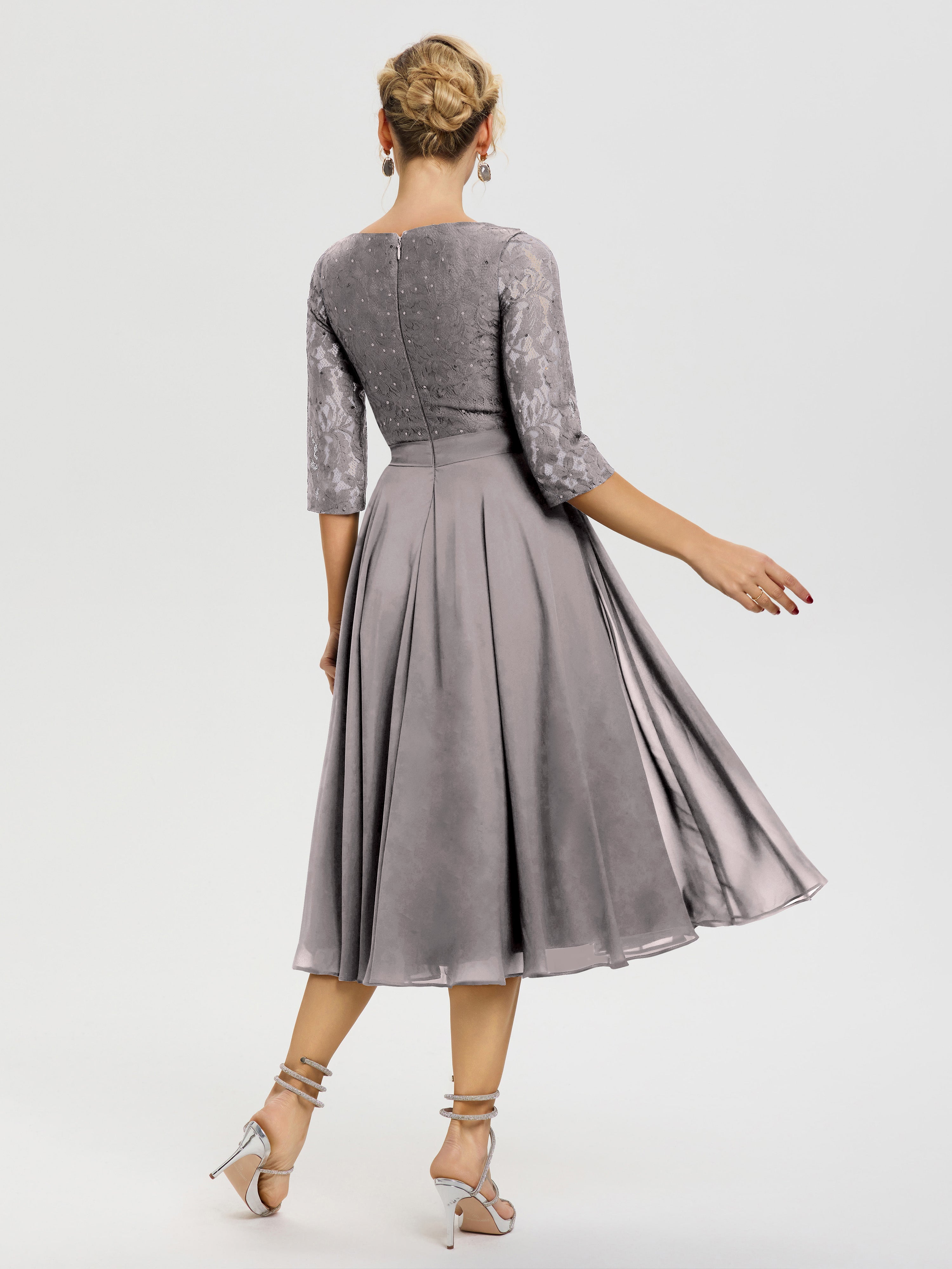 Robe Mere Dela Mariee Argent Col Rond Mousseline & Dentelle Robe Mère De La Mariée