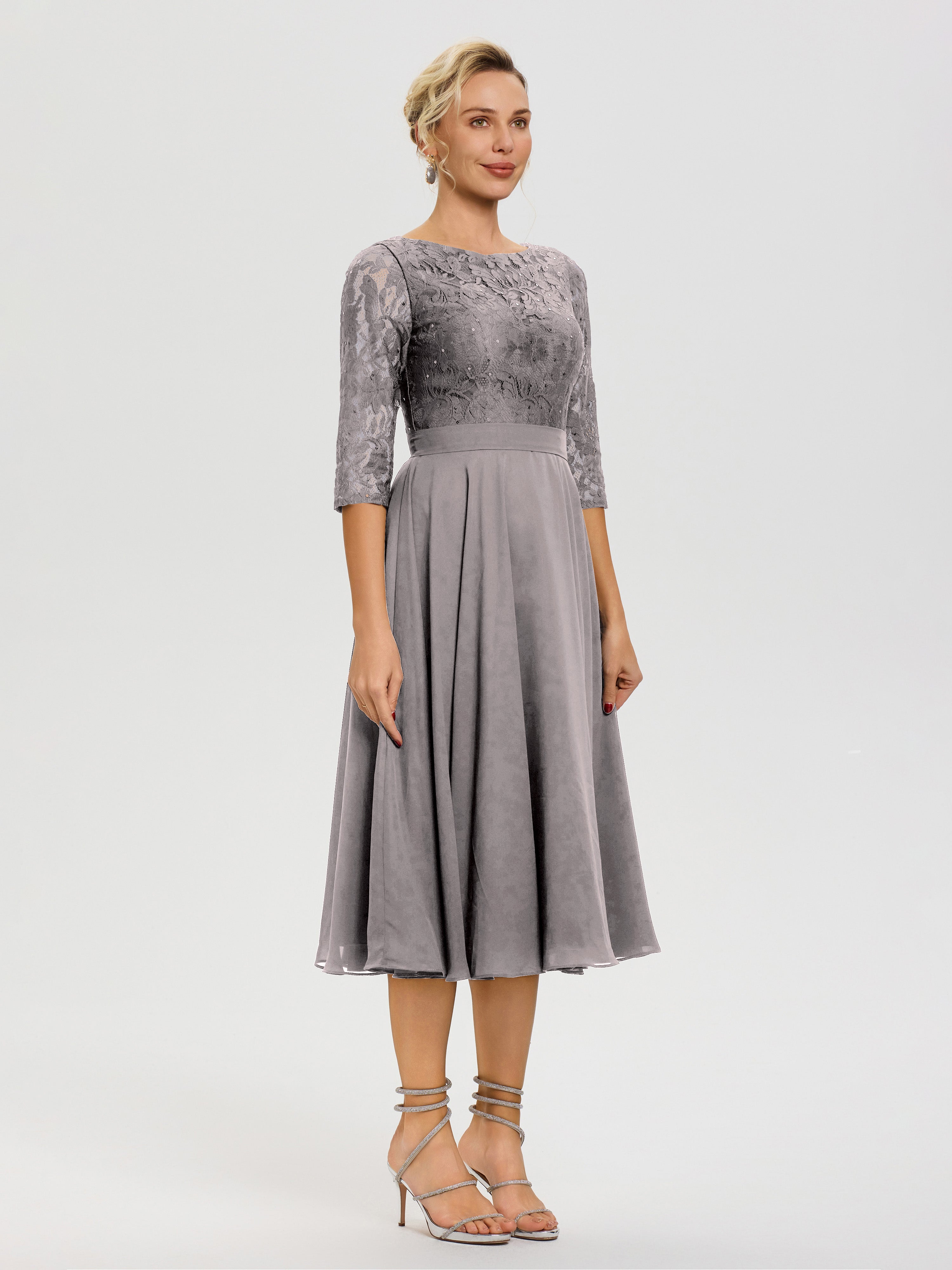 Robe Mere Dela Mariee Argent Col Rond Mousseline & Dentelle Robe Mère De La Mariée