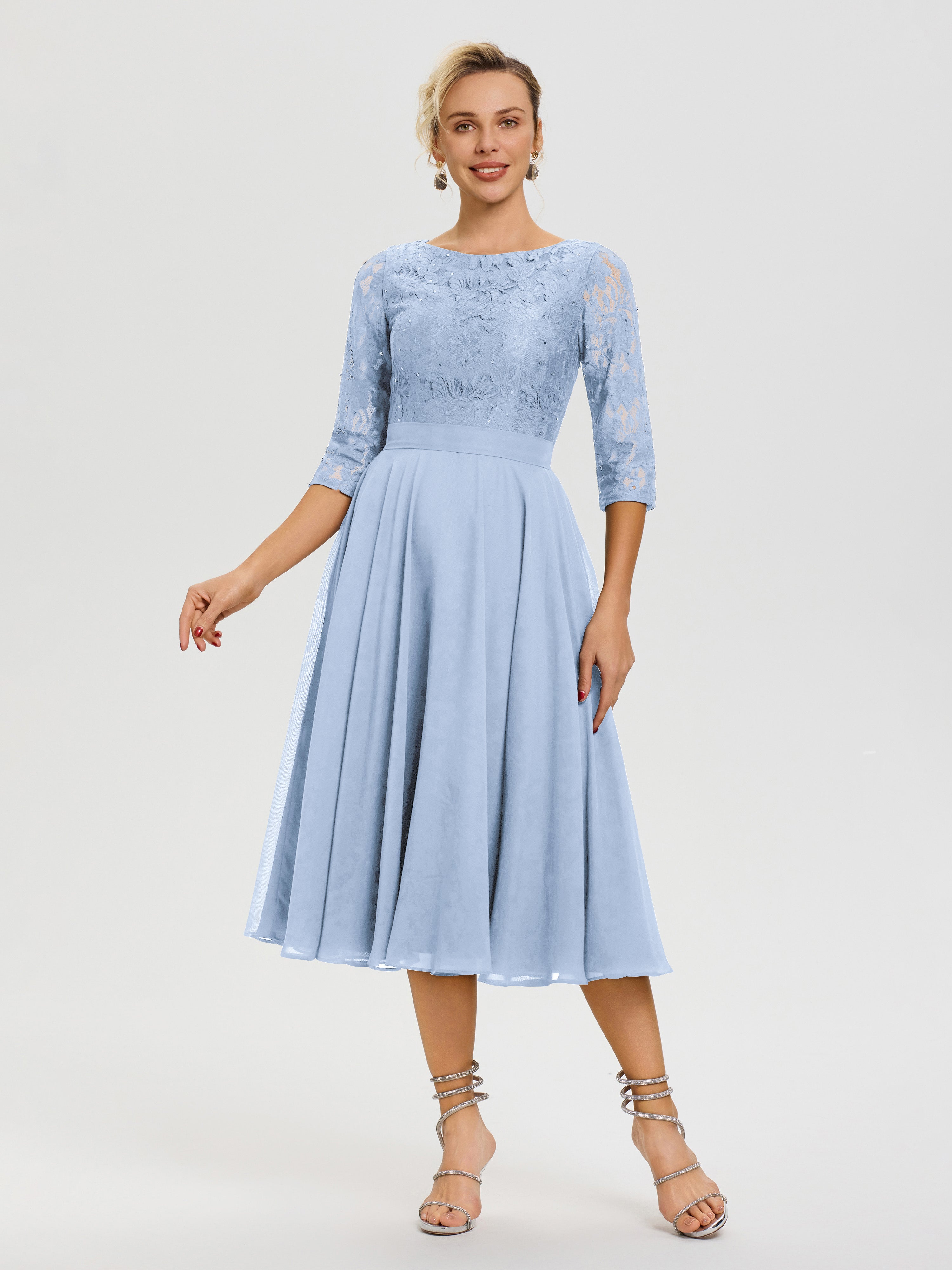 Robe Mere Dela Mariee Bleu Ciel Col Rond Mousseline & Dentelle Robe Mère De La Mariée