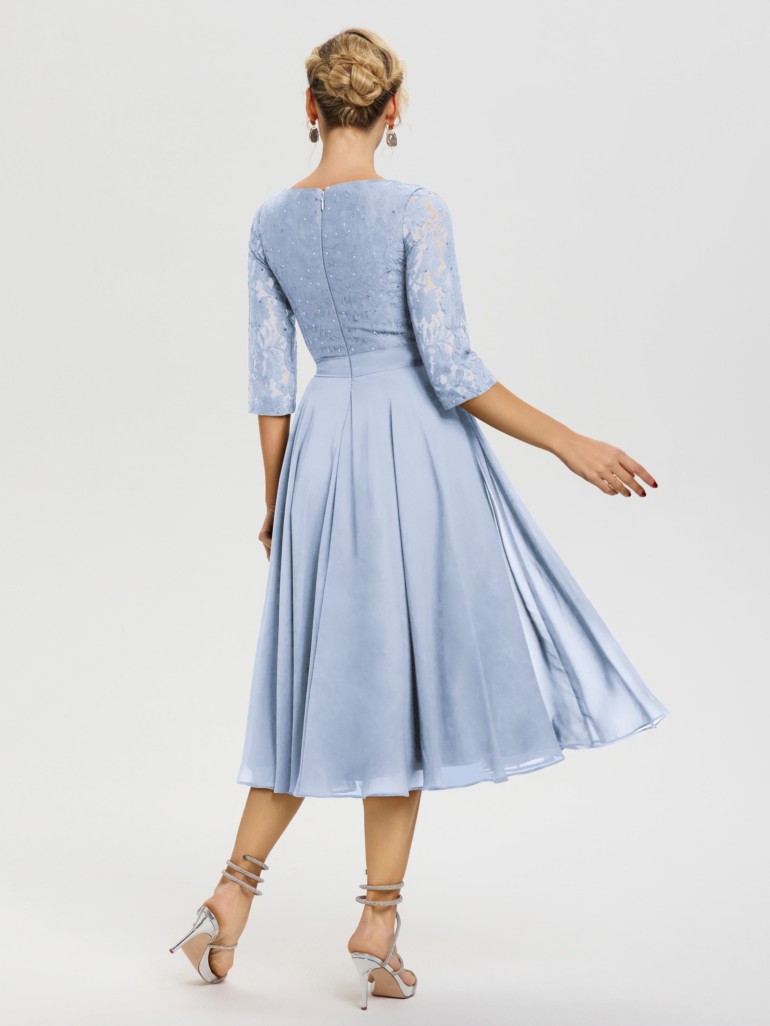 Robe Mere Dela Mariee Bleu Ciel Col Rond Mousseline & Dentelle Robe Mère De La Mariée