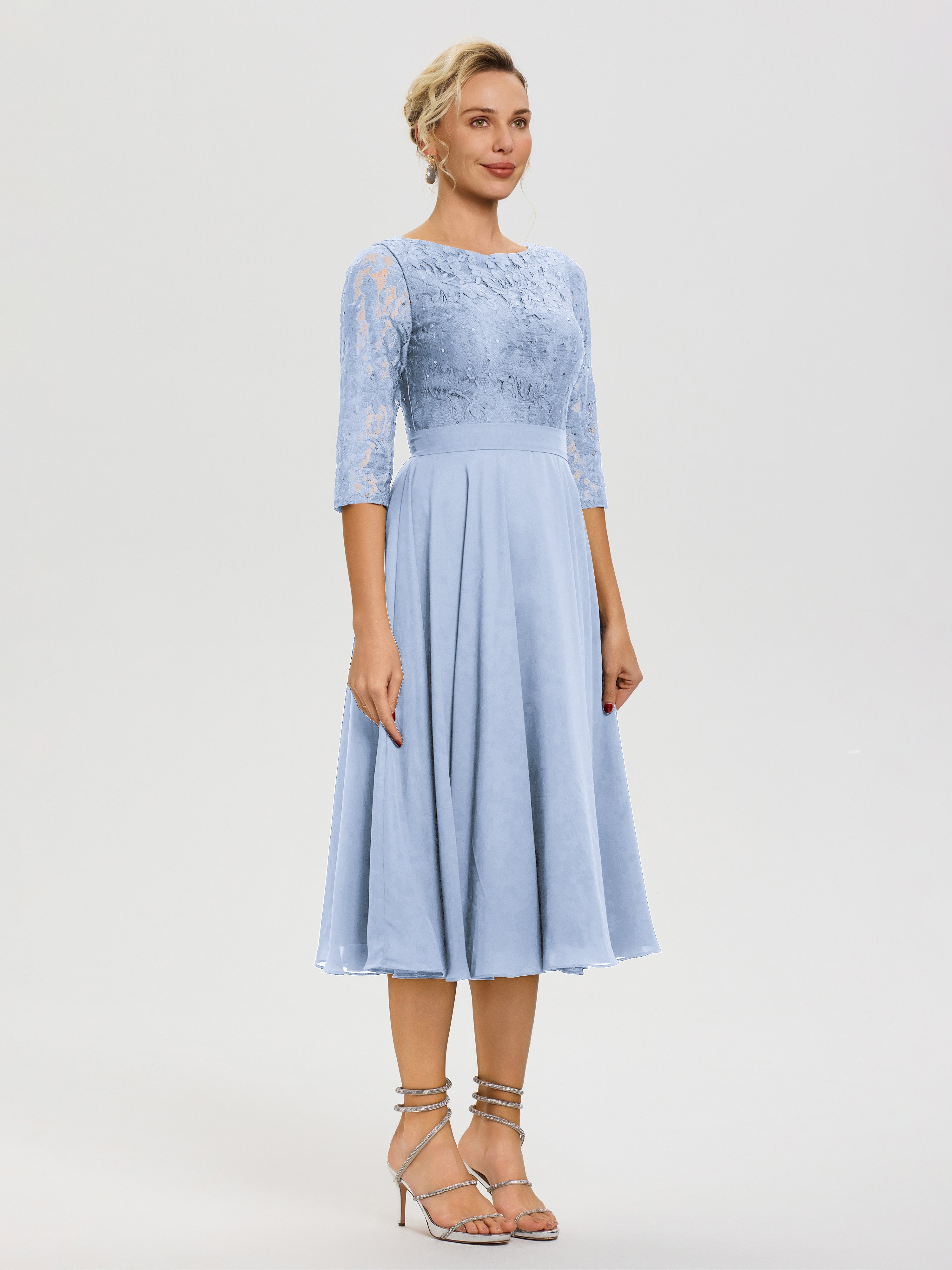 Robe Mere Dela Mariee Bleu Ciel Col Rond Mousseline & Dentelle Robe Mère De La Mariée
