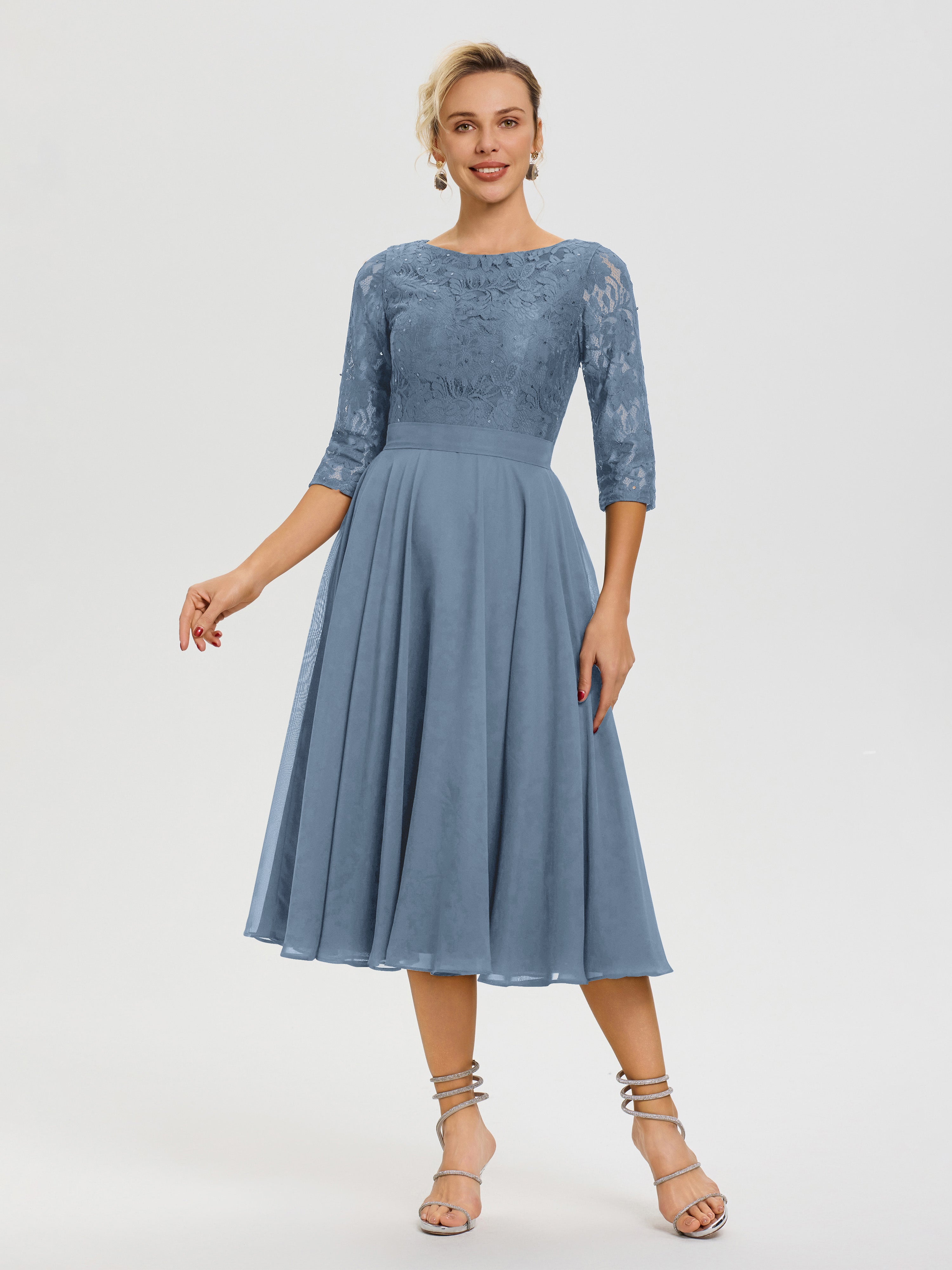 Robe Mere Dela Mariee Bleu De Schiste Col Rond Mousseline & Dentelle Robe Mère De La Mariée