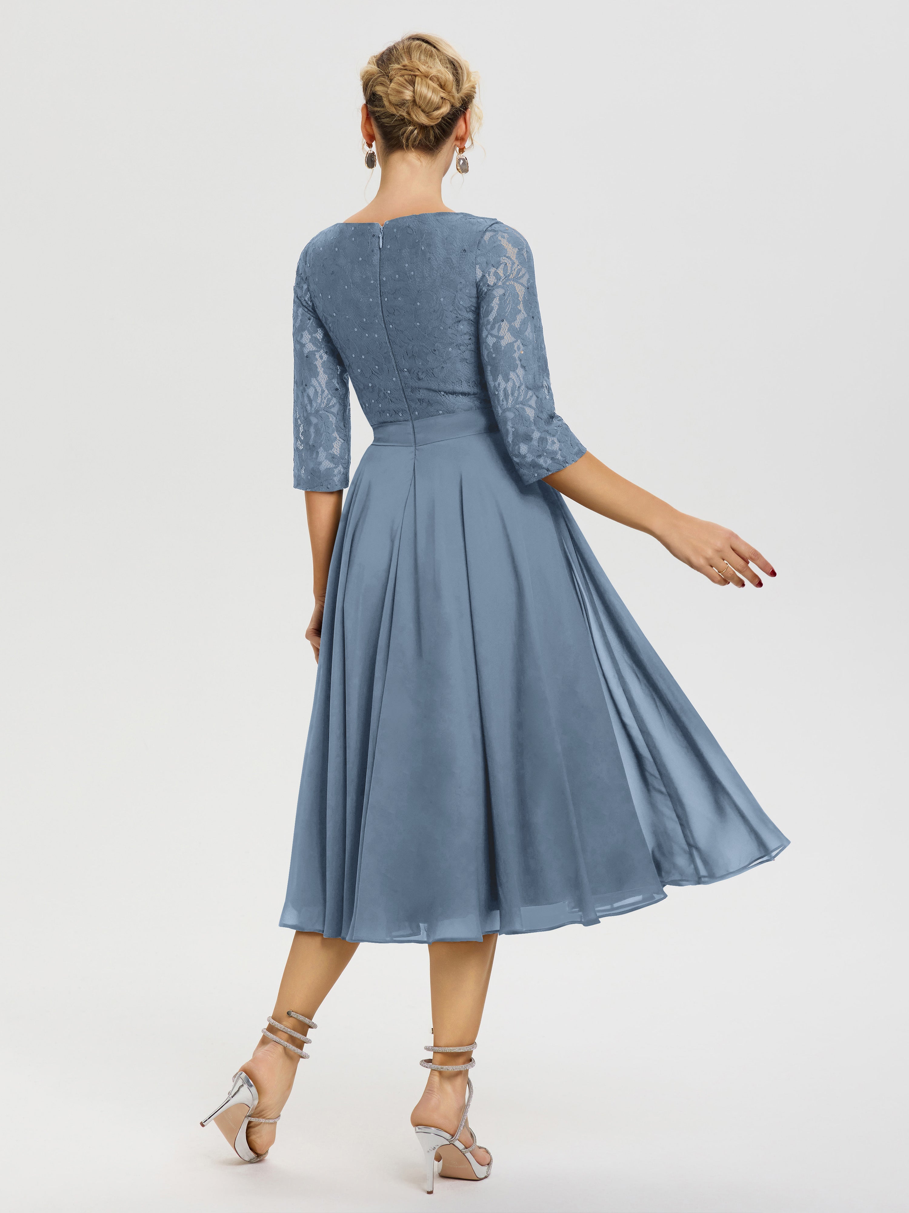 Robe Mere Dela Mariee Bleu De Schiste Col Rond Mousseline & Dentelle Robe Mère De La Mariée