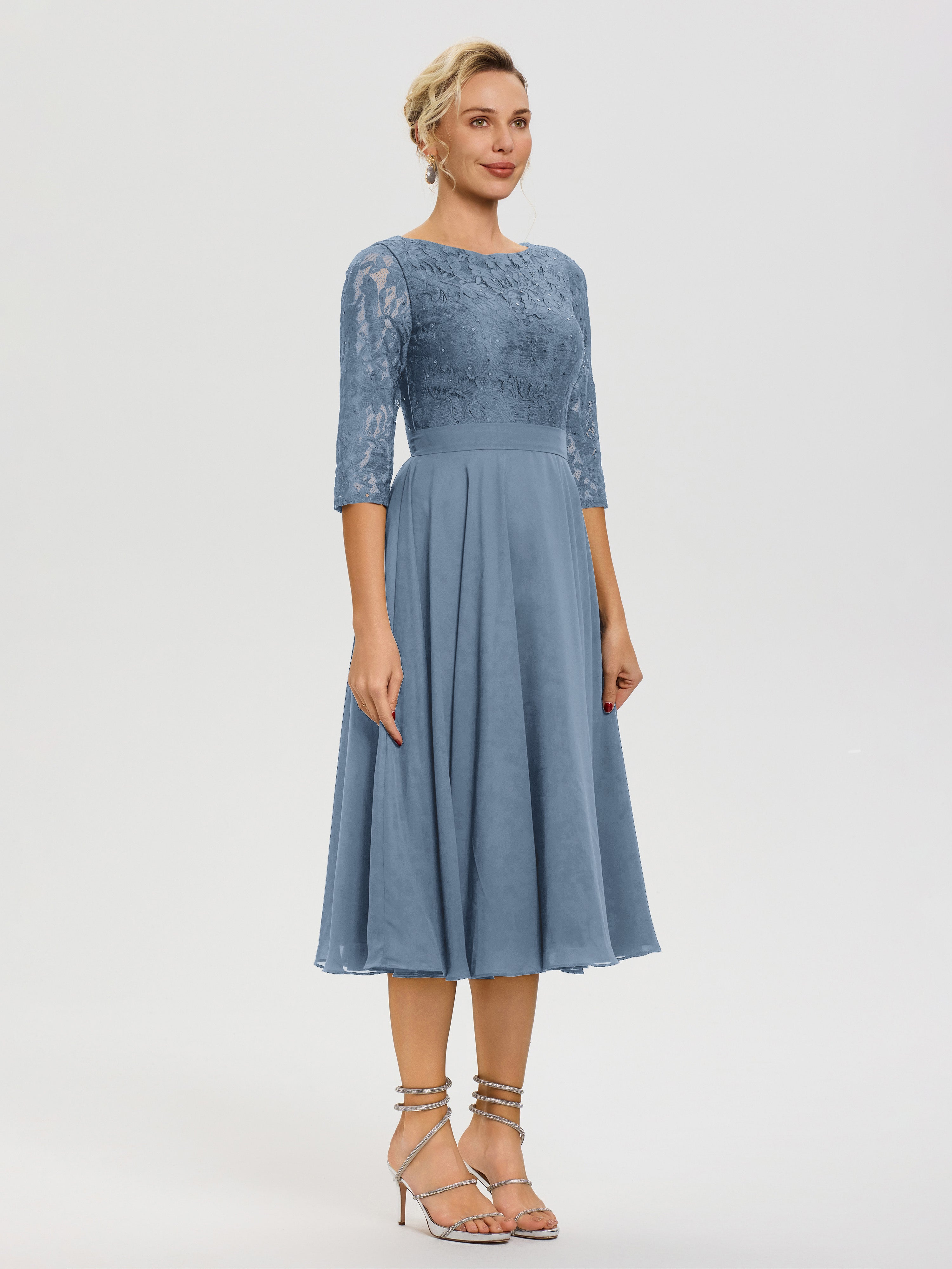 Robe Mere Dela Mariee Bleu De Schiste Col Rond Mousseline & Dentelle Robe Mère De La Mariée