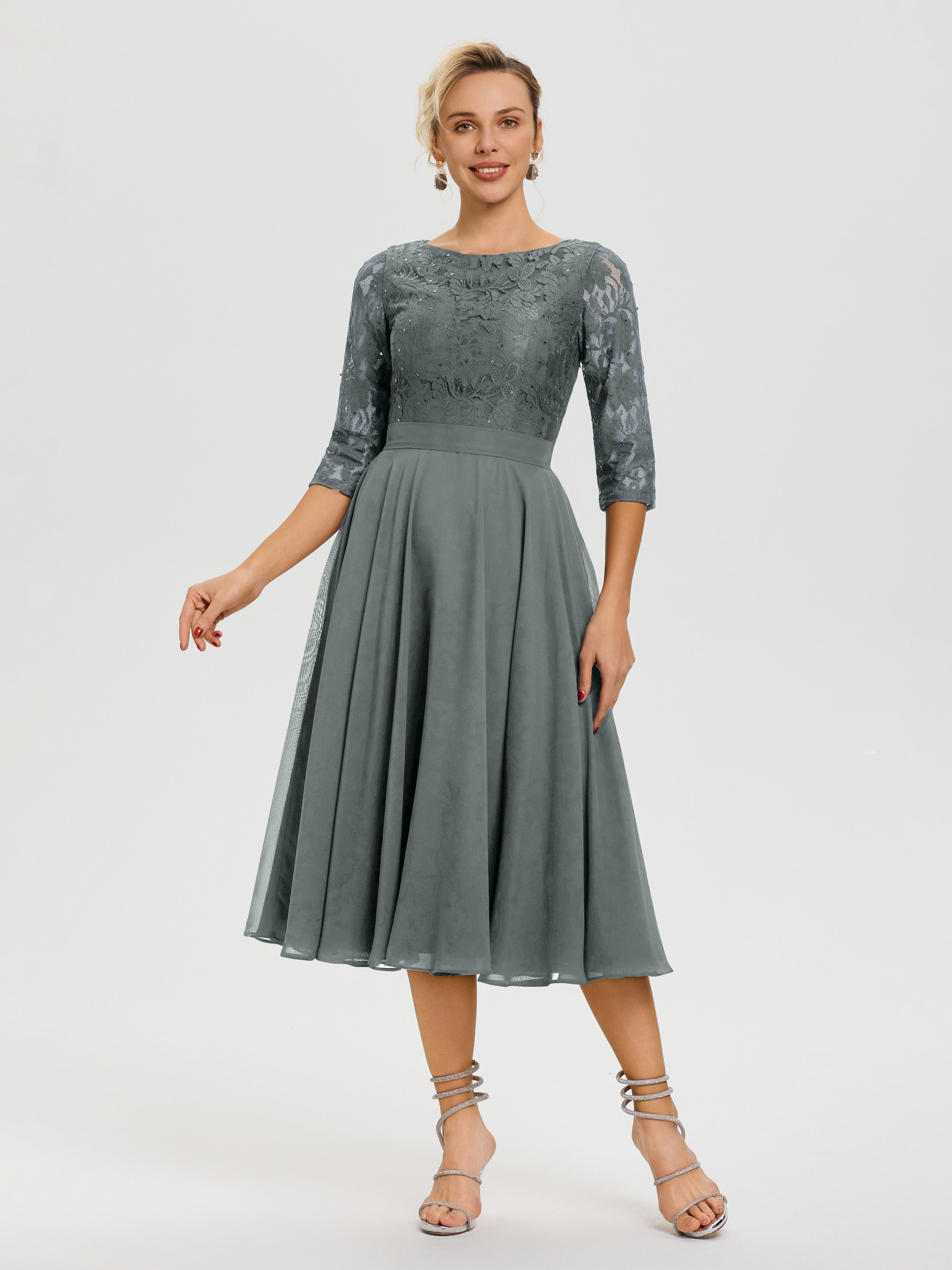 Robe De La Mère Du Marié Gris Acier Col Rond Mousseline & Dentelle Robe Mère De La Mariée