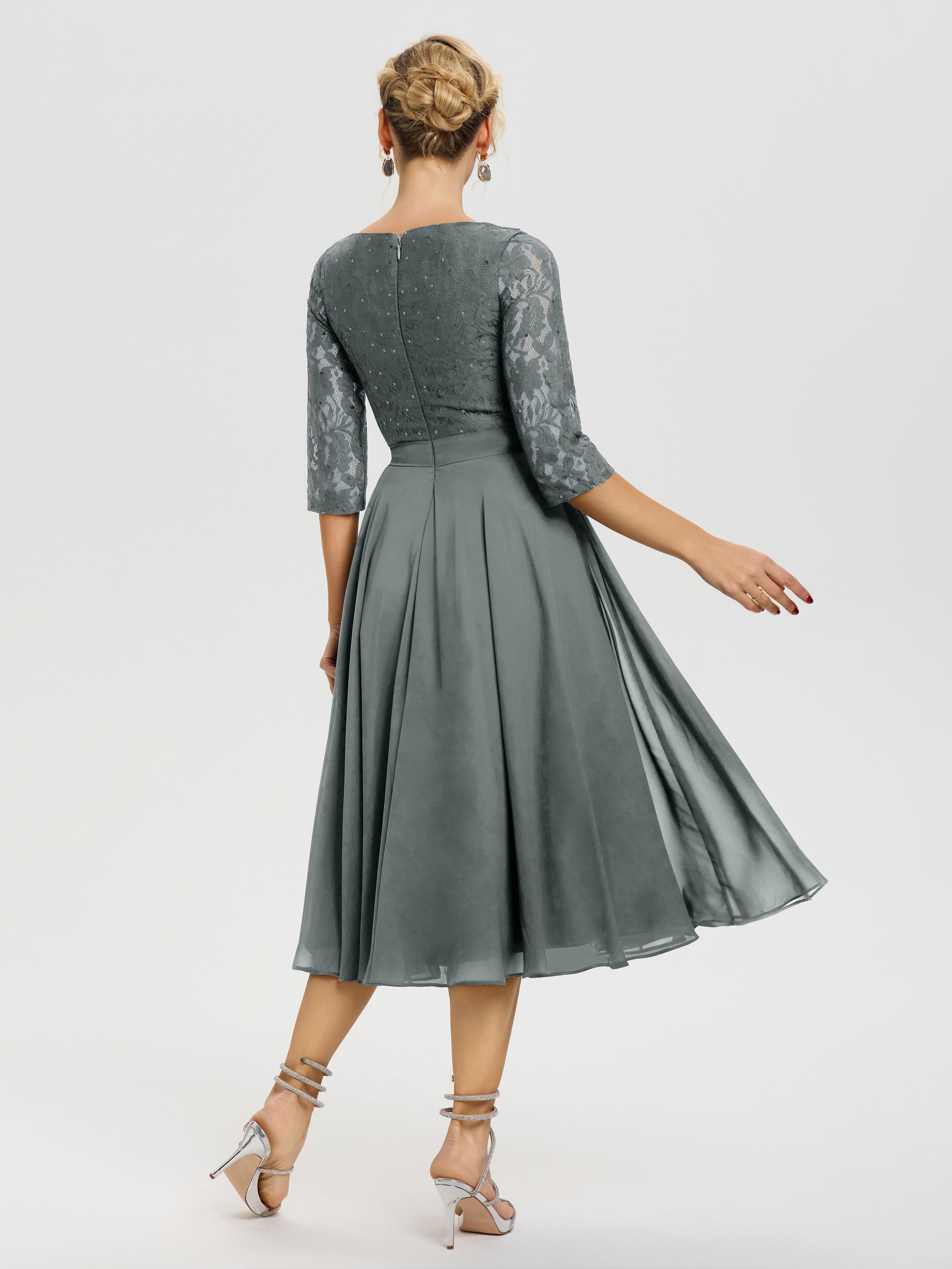 Robe De La Mère Du Marié Gris Acier Col Rond Mousseline & Dentelle Robe Mère De La Mariée