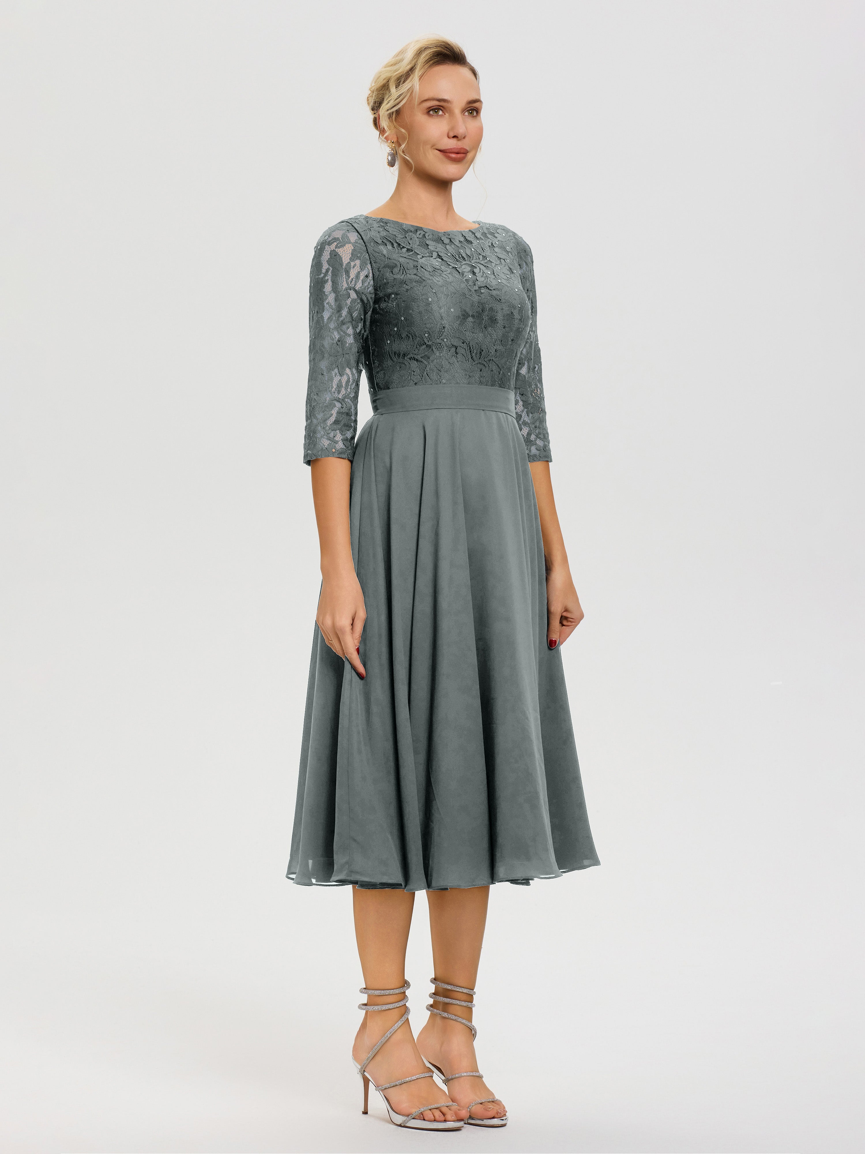 Robe De La Mère Du Marié Gris Acier Col Rond Mousseline & Dentelle Robe Mère De La Mariée