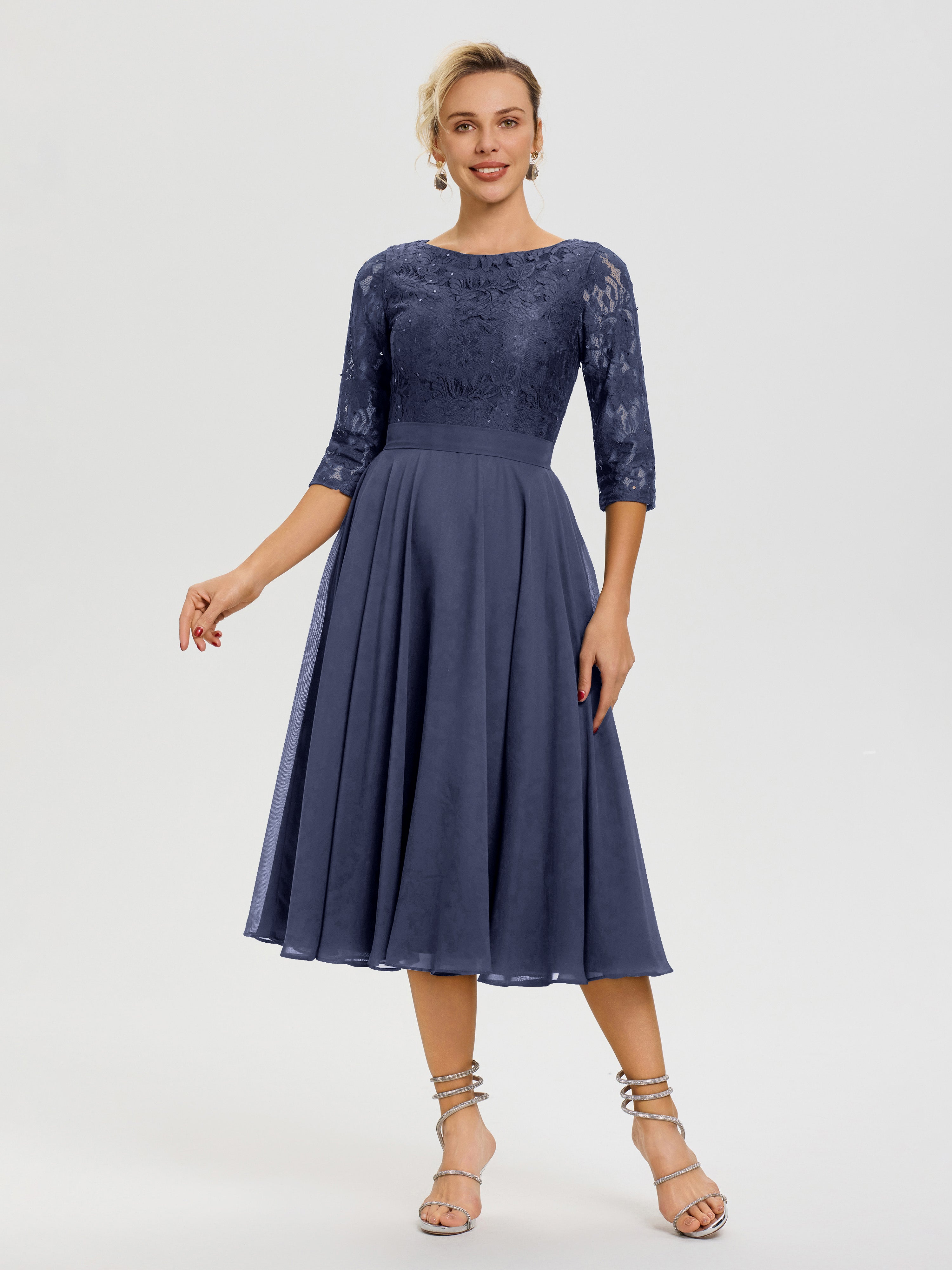 Robe De La Mère Du Marié Orageux Col Rond Mousseline & Dentelle Robe Mère De La Mariée