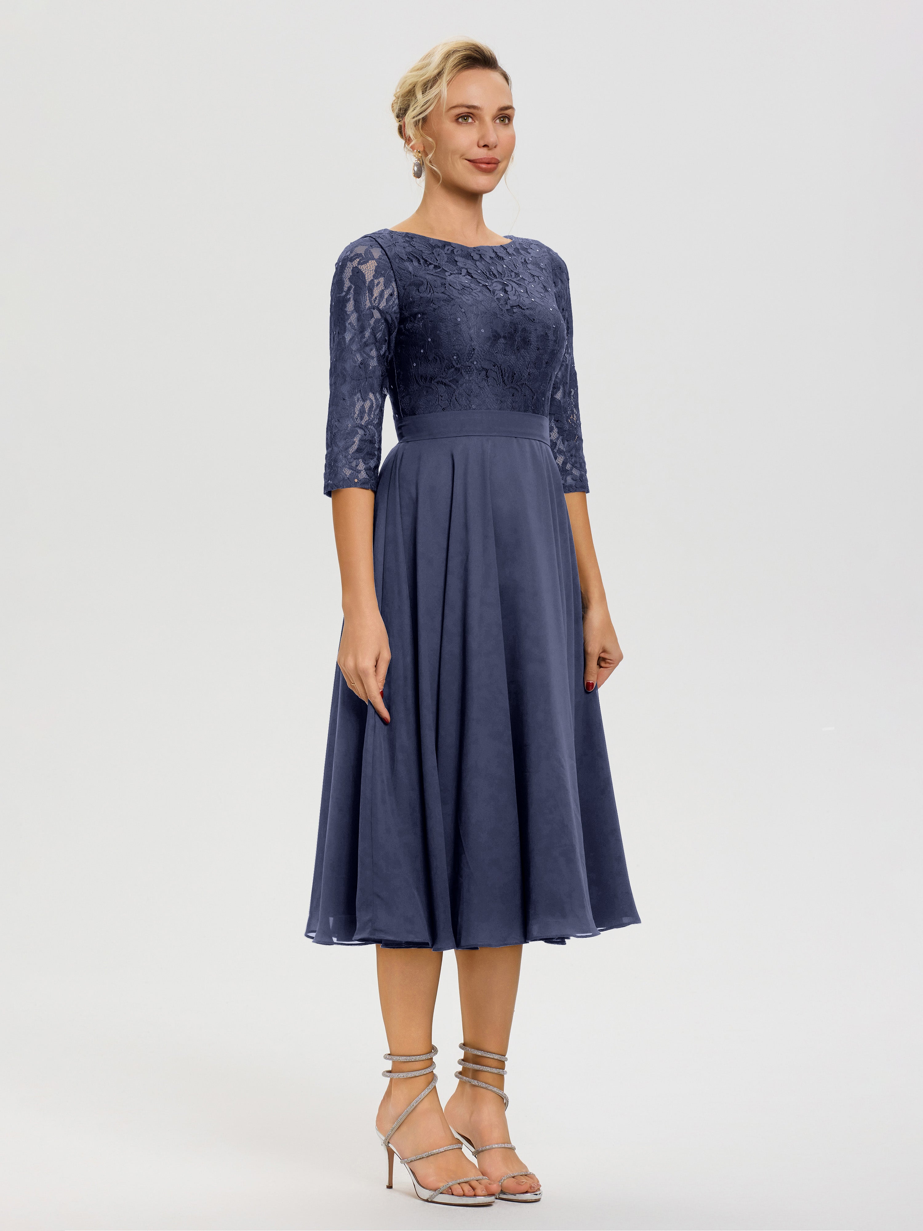 Robe De La Mère Du Marié Orageux Col Rond Mousseline & Dentelle Robe Mère De La Mariée