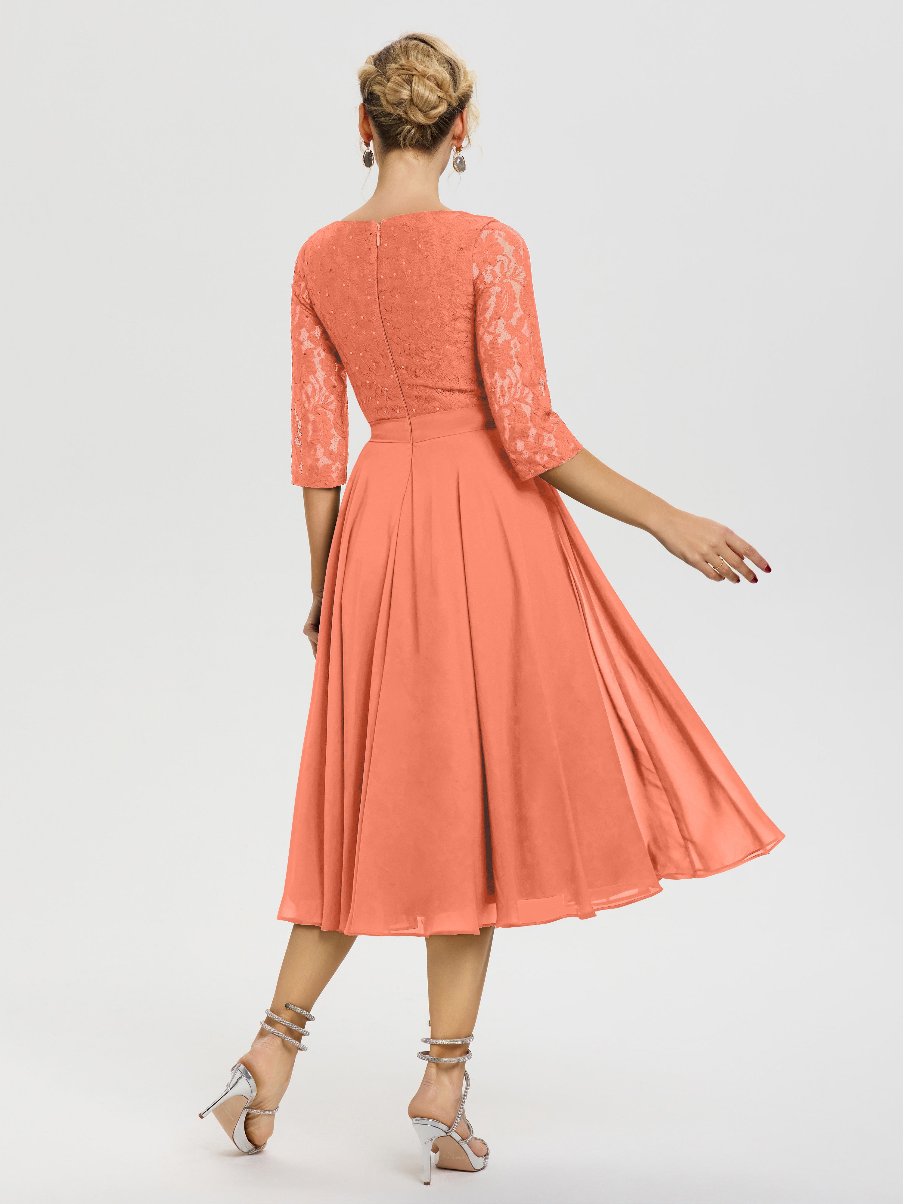 Robe De La Mère Du Marié Coucher De Soleil Col Rond Mousseline & Dentelle Robe Mère De La Mariée