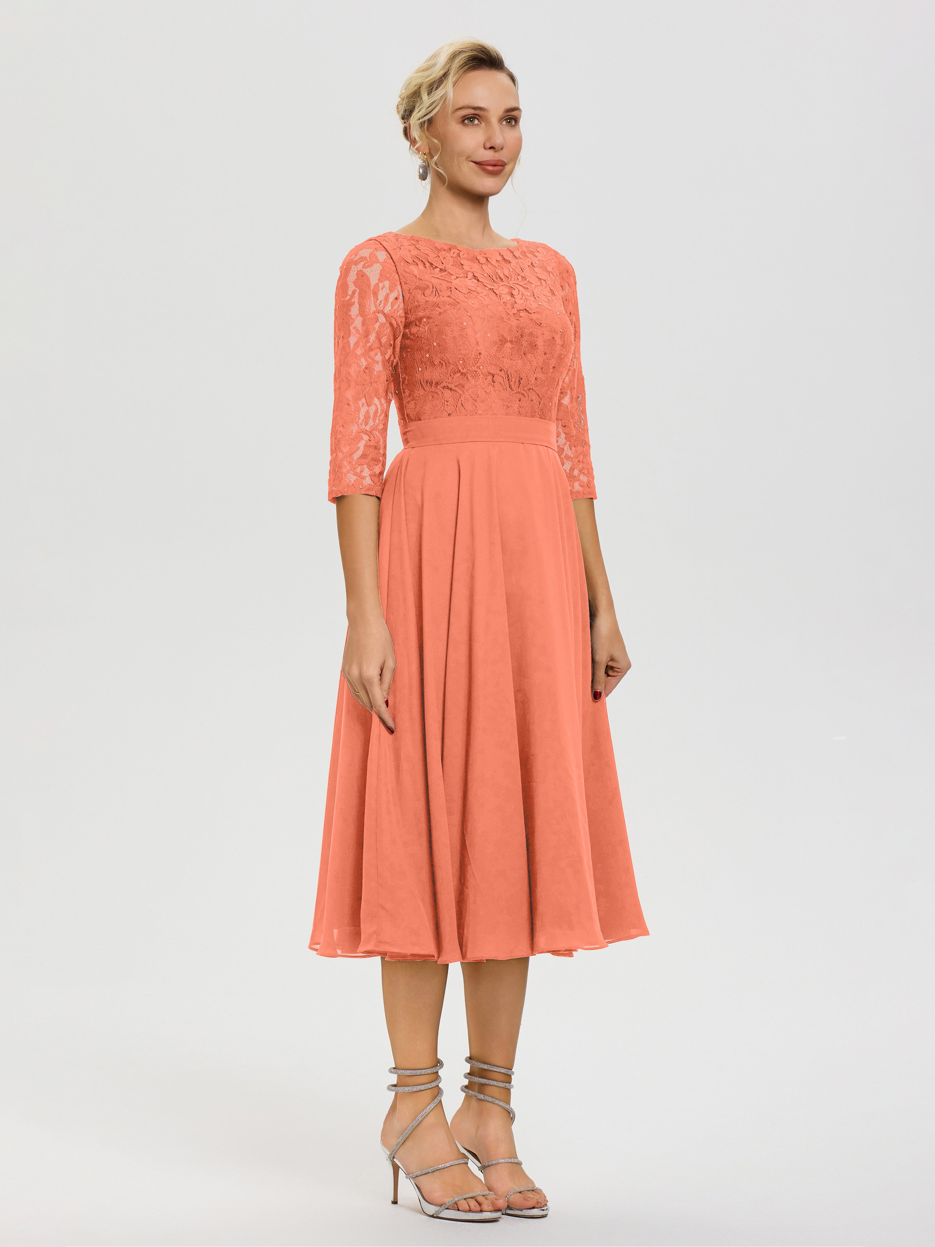 Robe De La Mère Du Marié Coucher De Soleil Col Rond Mousseline & Dentelle Robe Mère De La Mariée