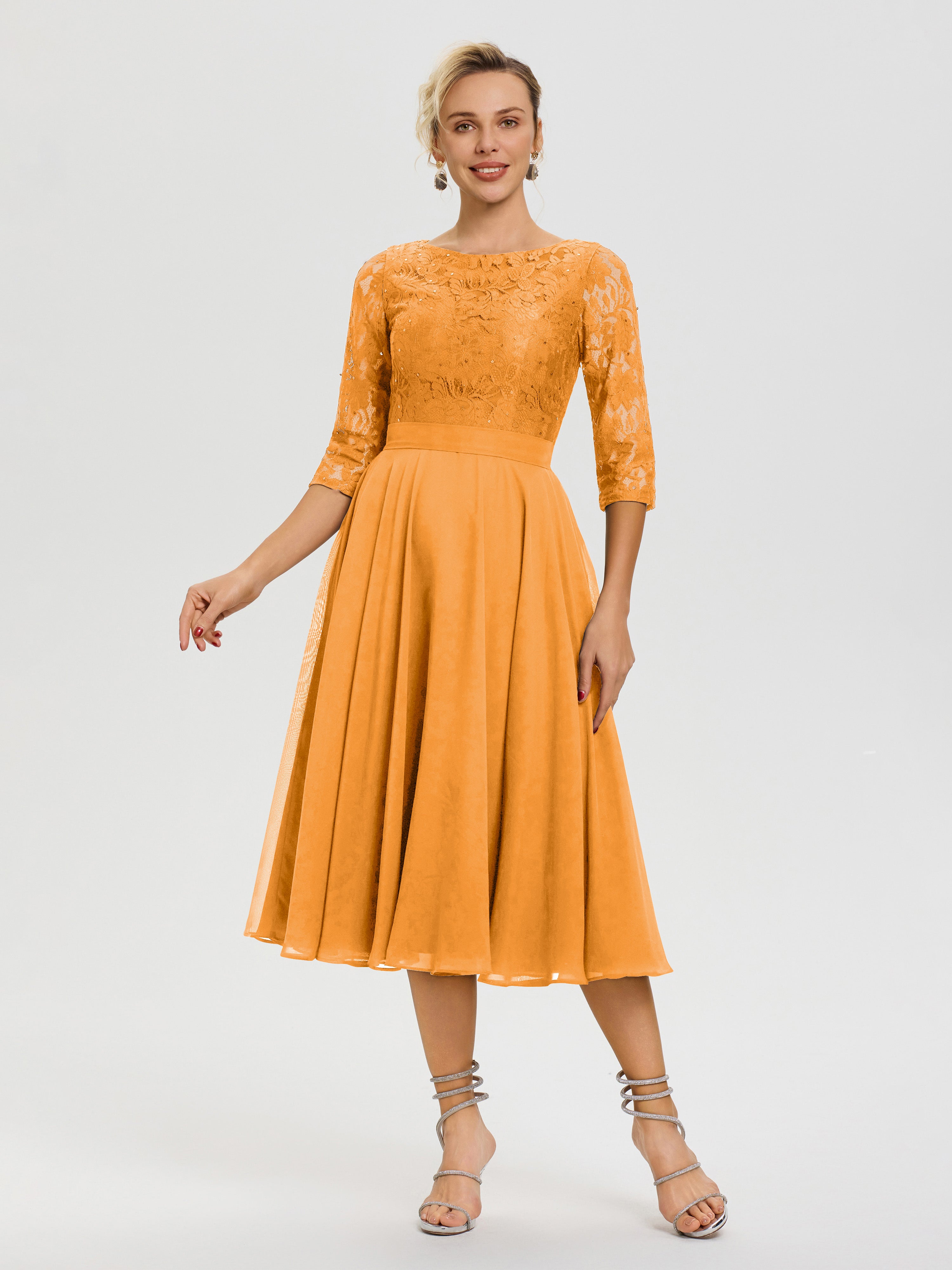 Robe De La Mère Du Marié Mandarine Col Rond Mousseline & Dentelle Robe Mère De La Mariée