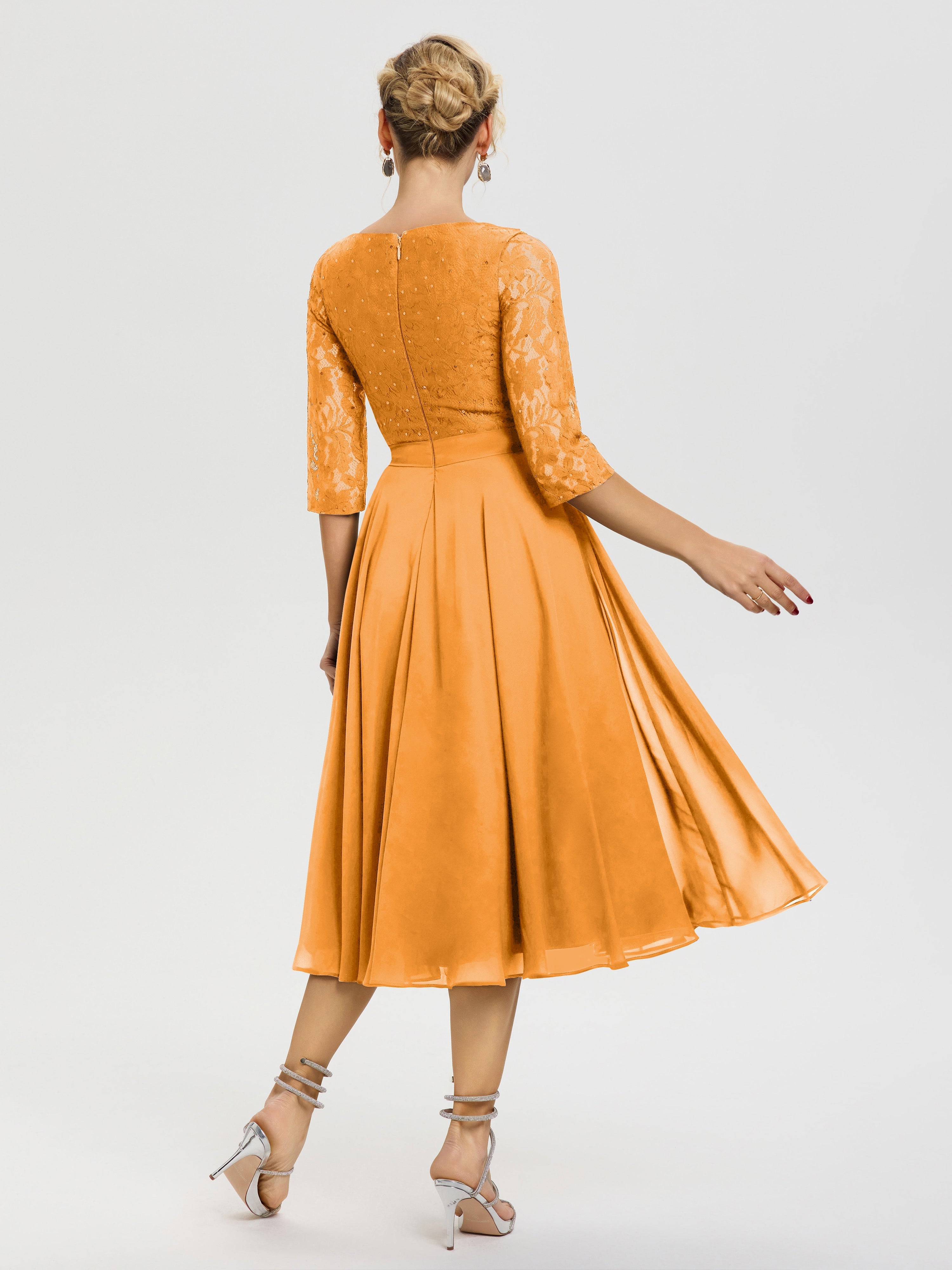 Robe De La Mère Du Marié Mandarine Col Rond Mousseline & Dentelle Robe Mère De La Mariée