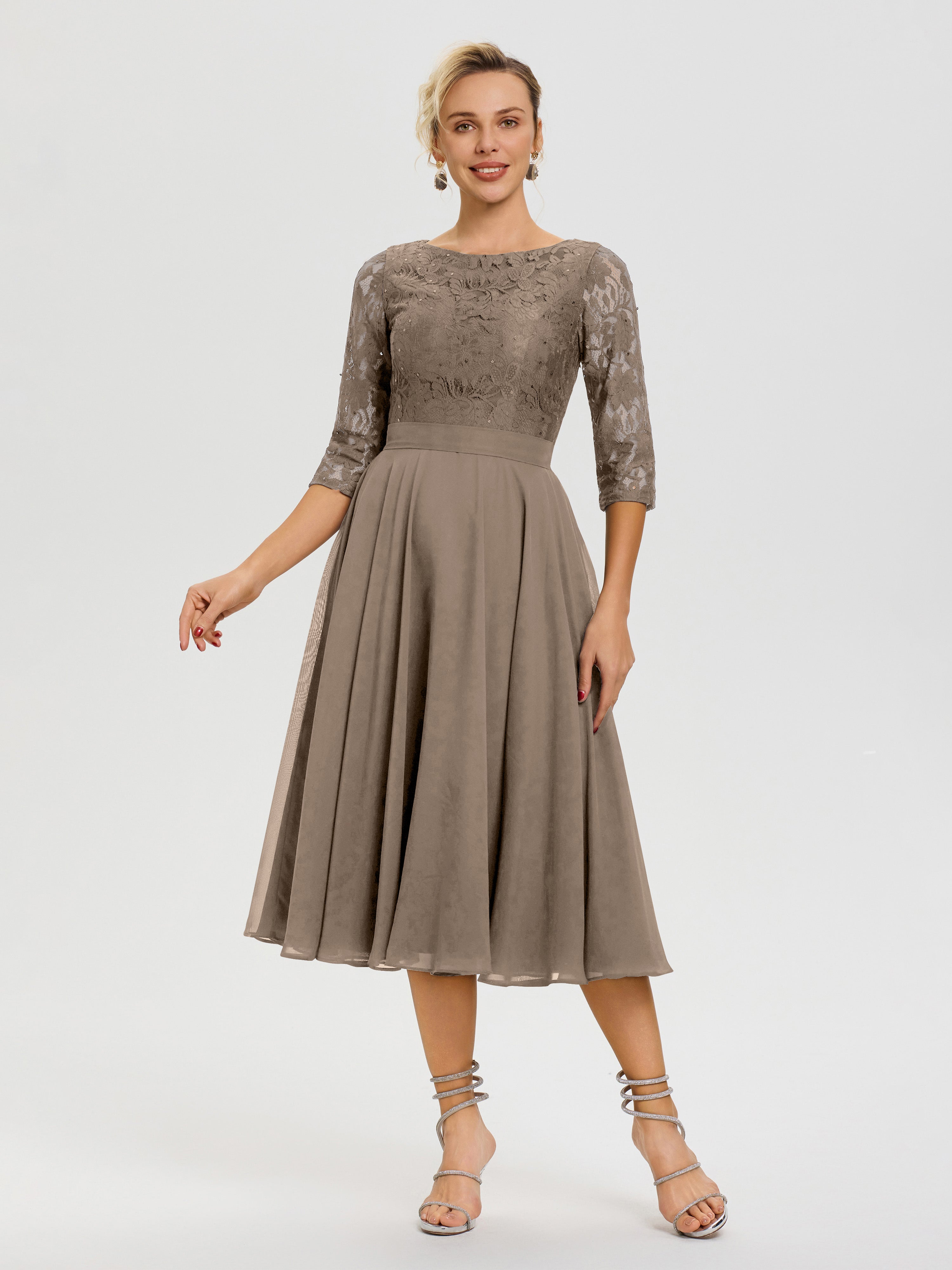 Robe Cérémonie Mariage Mère Du Marié Taupe Col Rond Mousseline & Dentelle Robe Mère De La Mariée