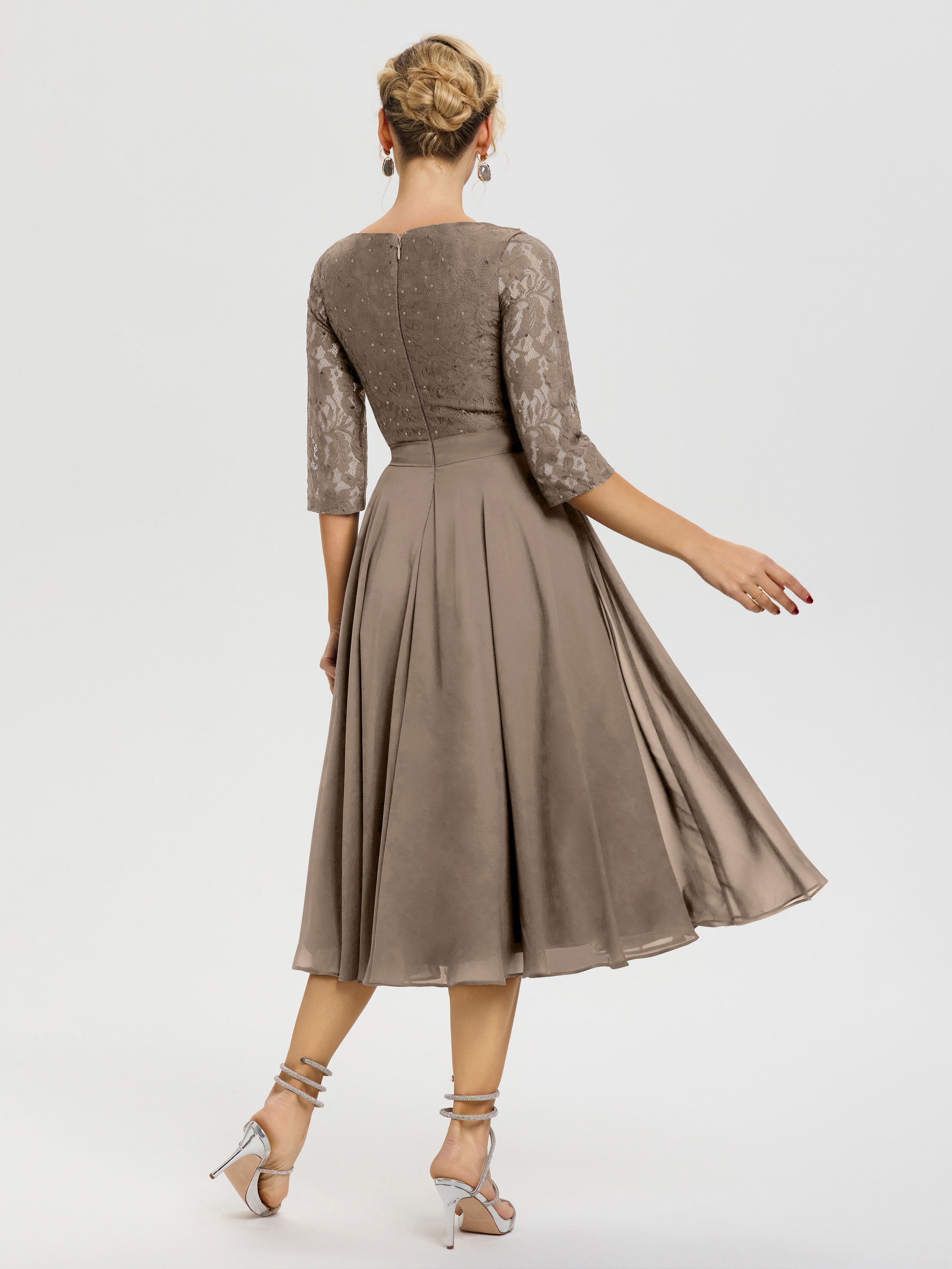 Robe Cérémonie Mariage Mère Du Marié Taupe Col Rond Mousseline & Dentelle Robe Mère De La Mariée