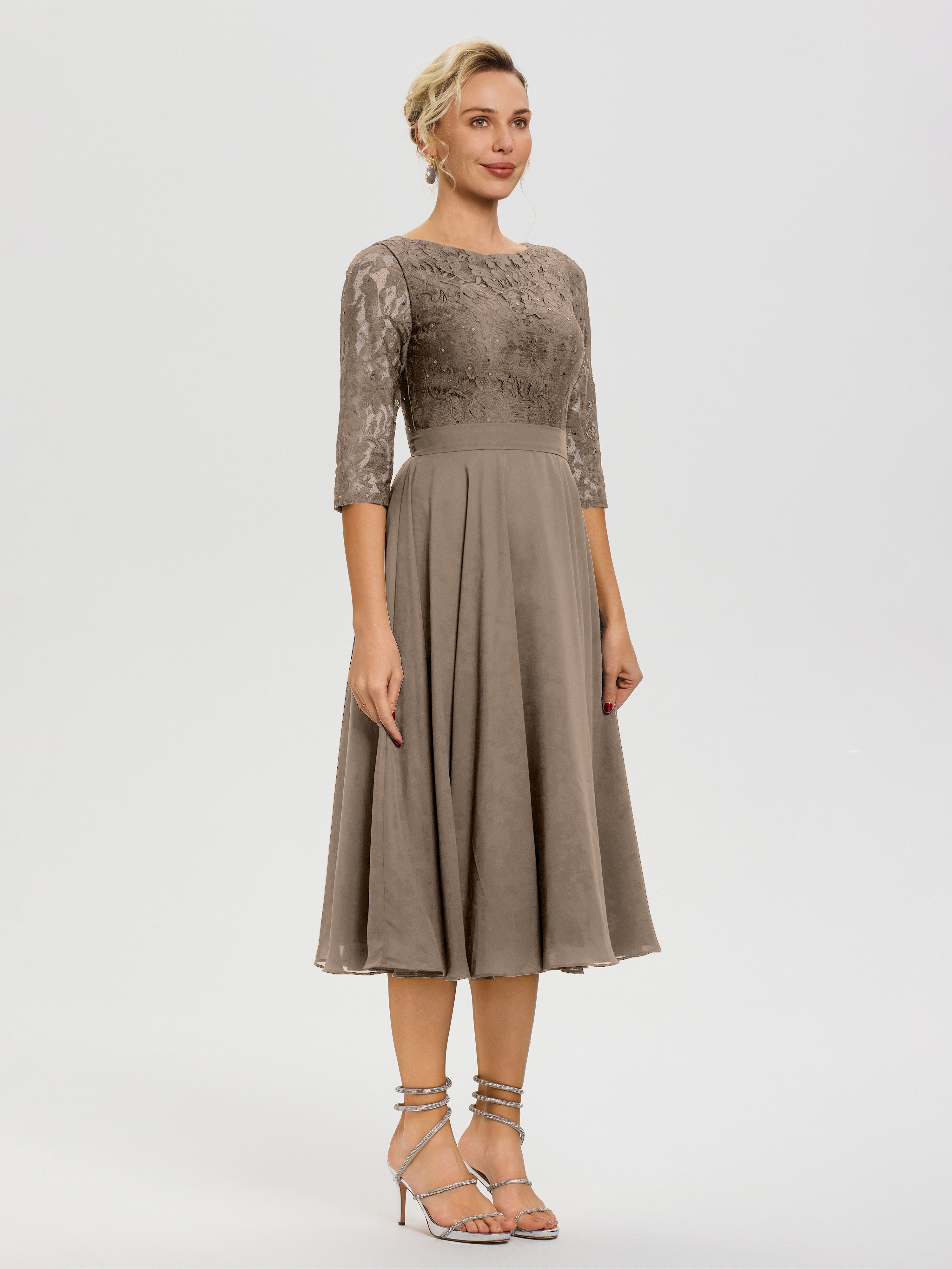 Robe Cérémonie Mariage Mère Du Marié Taupe Col Rond Mousseline & Dentelle Robe Mère De La Mariée