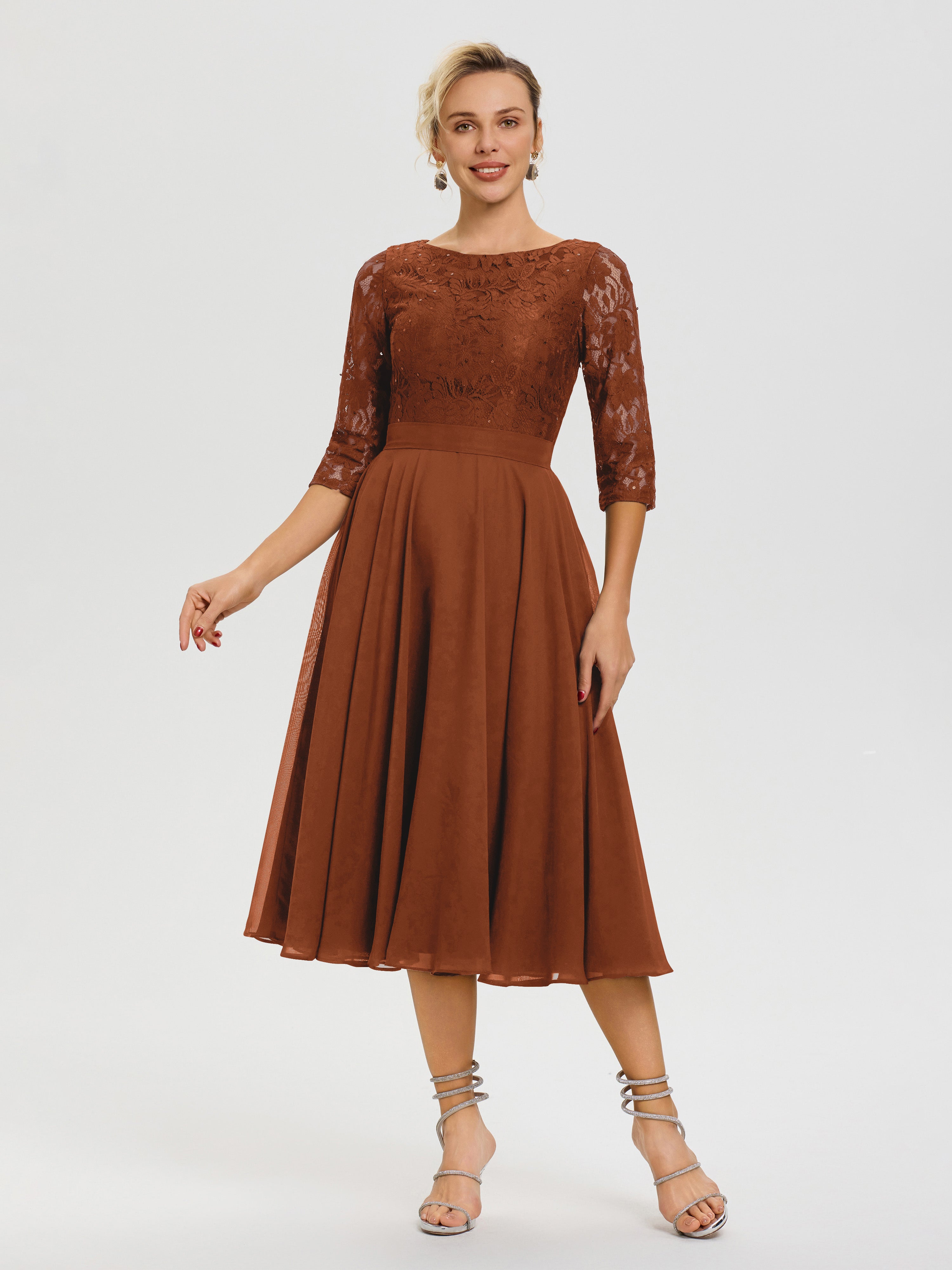 Robe Mere De La Mariee Terracotta Col Rond Mousseline & Dentelle Robe Mère De La Mariée