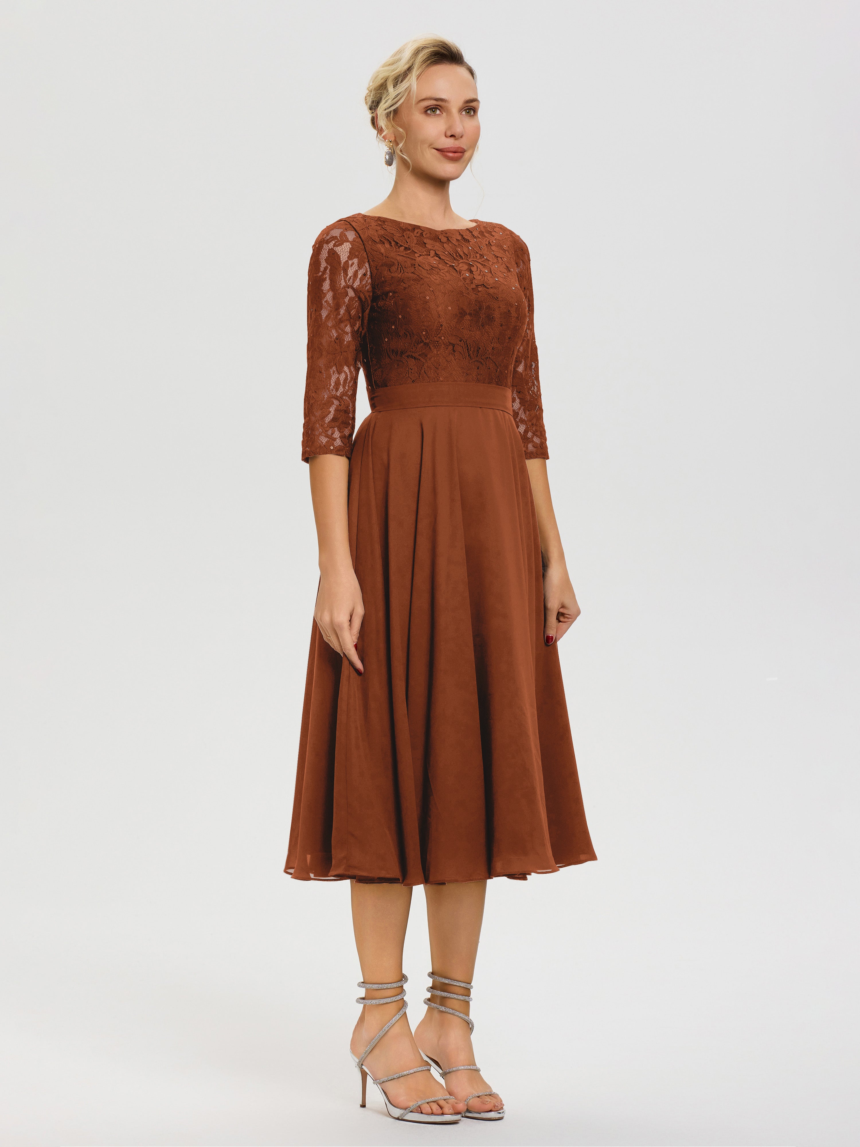Robe Mere De La Mariee Terracotta Col Rond Mousseline & Dentelle Robe Mère De La Mariée