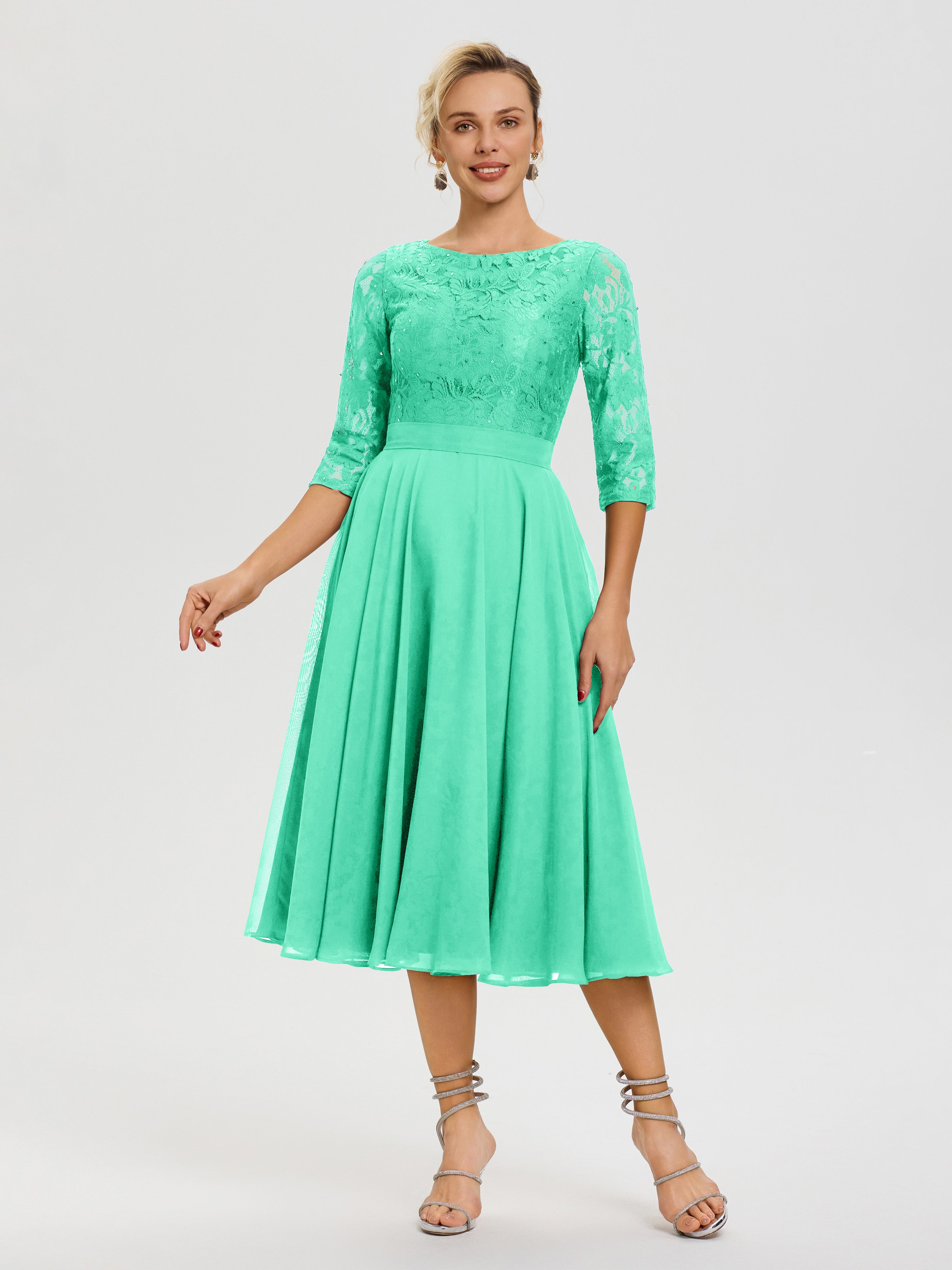 Robe Cérémonie Mariage Mère Du Marié Turquoise Col Rond Mousseline & Dentelle Robe Mère De La Mariée