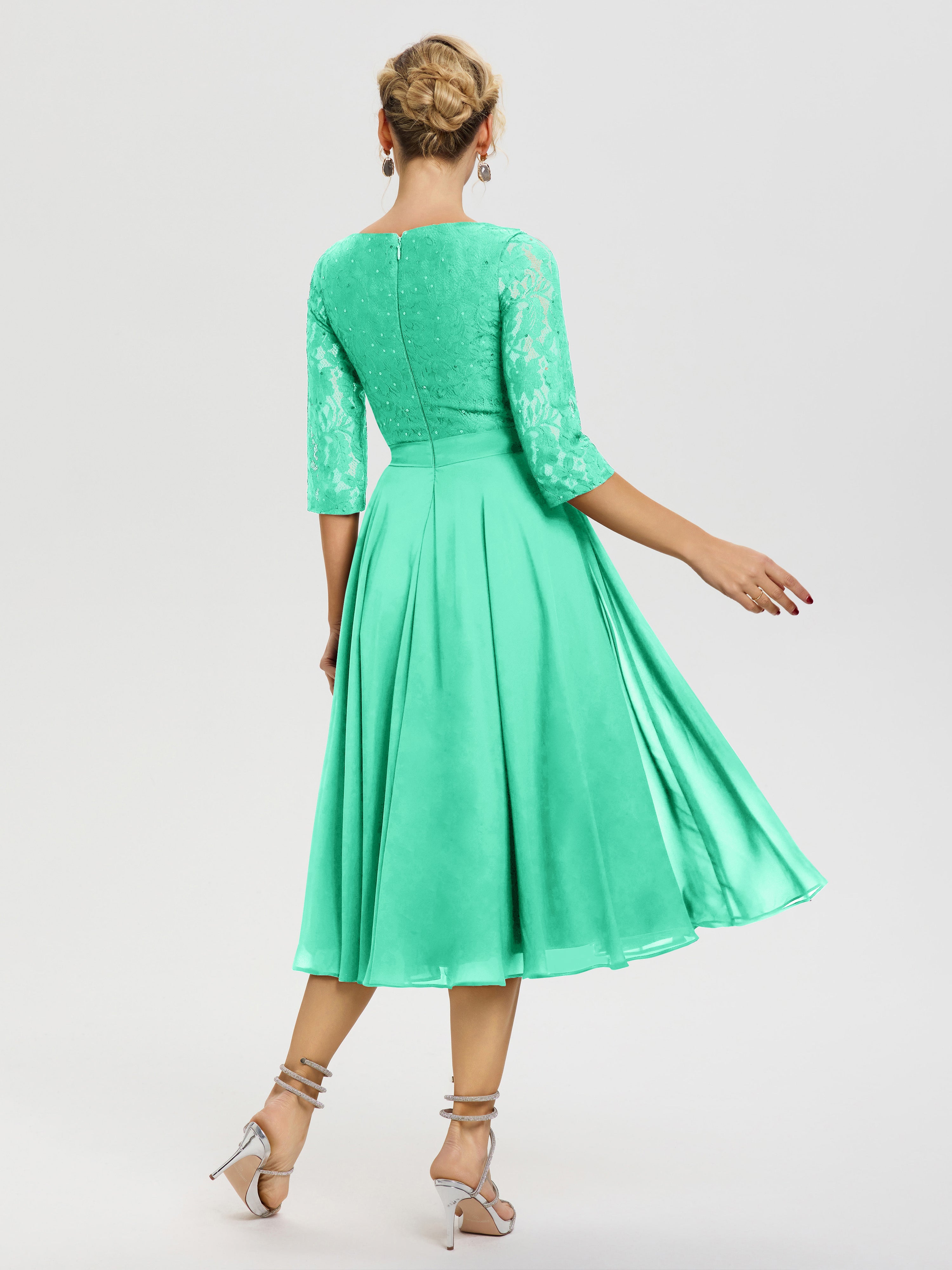Robe Cérémonie Mariage Mère Du Marié Turquoise Col Rond Mousseline & Dentelle Robe Mère De La Mariée