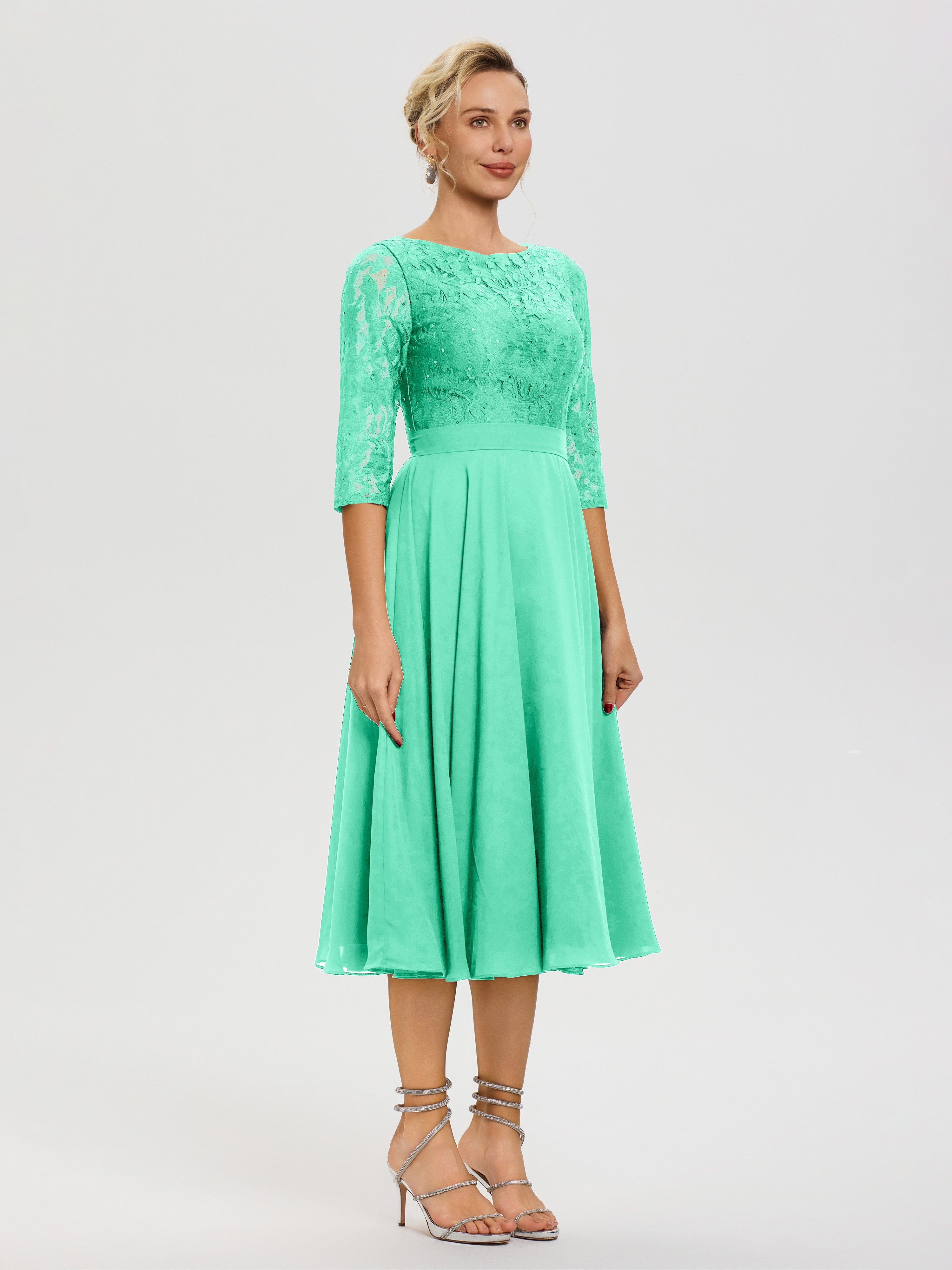 Robe Cérémonie Mariage Mère Du Marié Turquoise Col Rond Mousseline & Dentelle Robe Mère De La Mariée