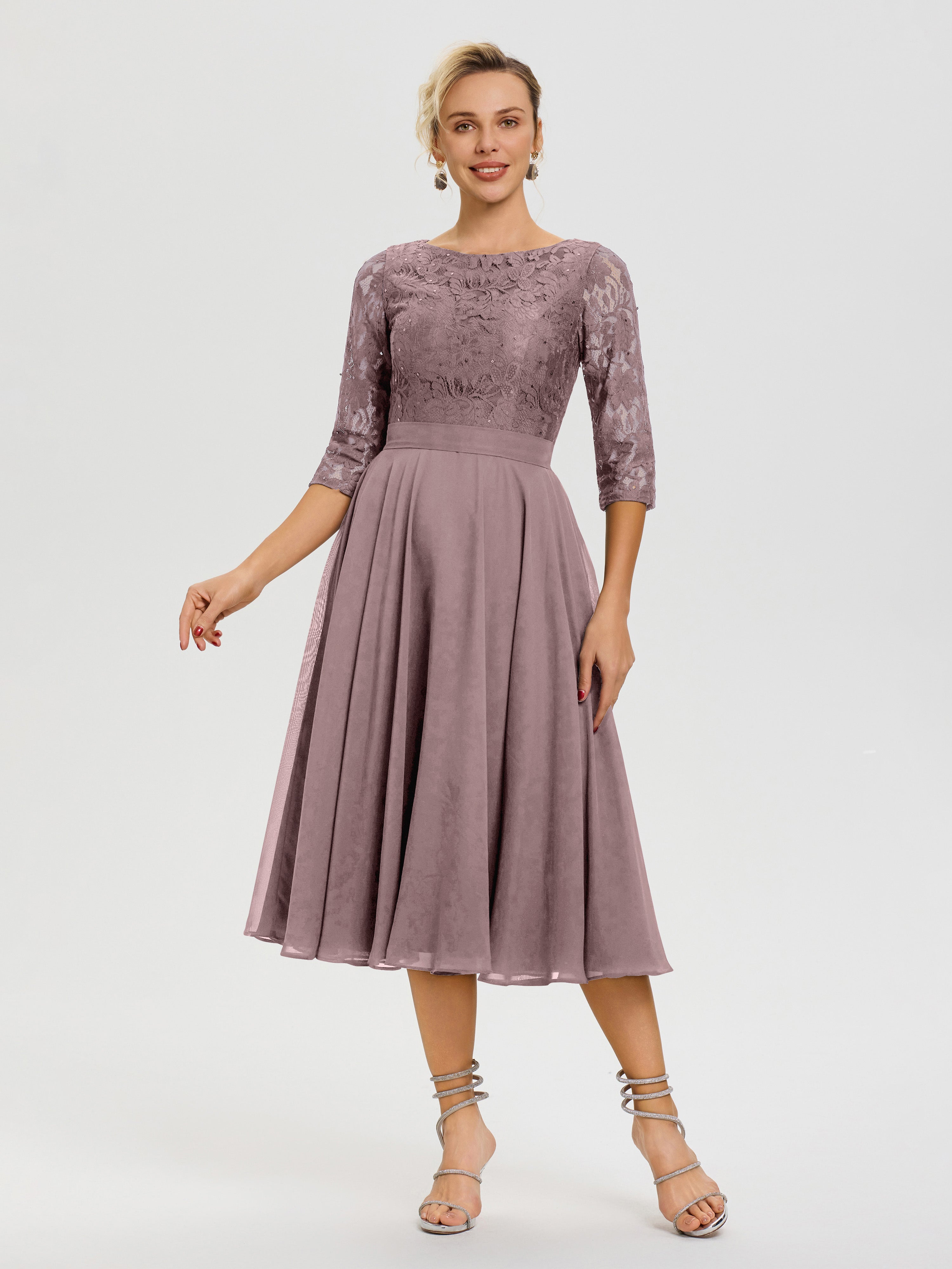 Robe Cérémonie Mariage Mère Du Marié Vintage Mauve Col Rond Mousseline & Dentelle Robe Mère De La Mariée