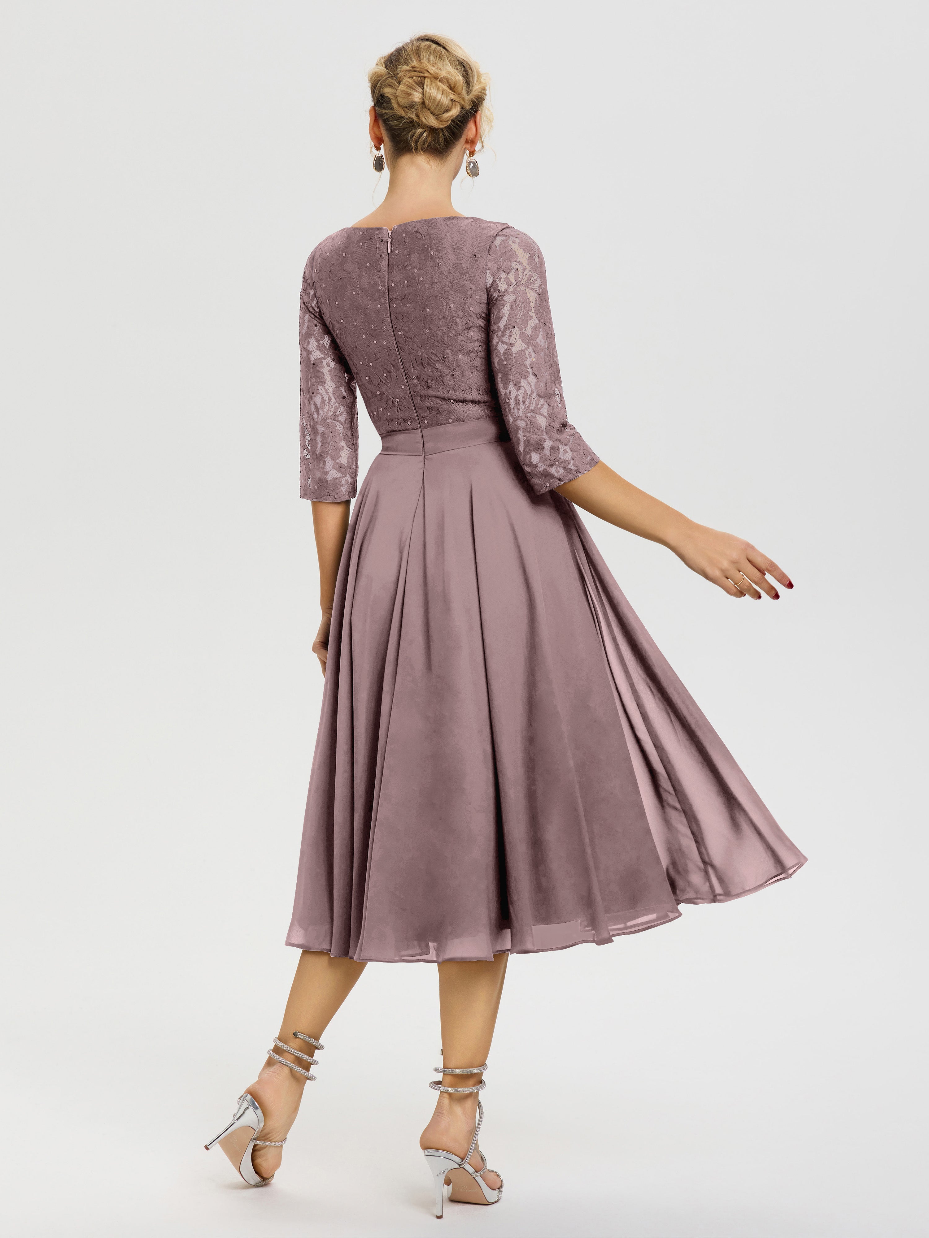 Robe Cérémonie Mariage Mère Du Marié Vintage Mauve Col Rond Mousseline & Dentelle Robe Mère De La Mariée