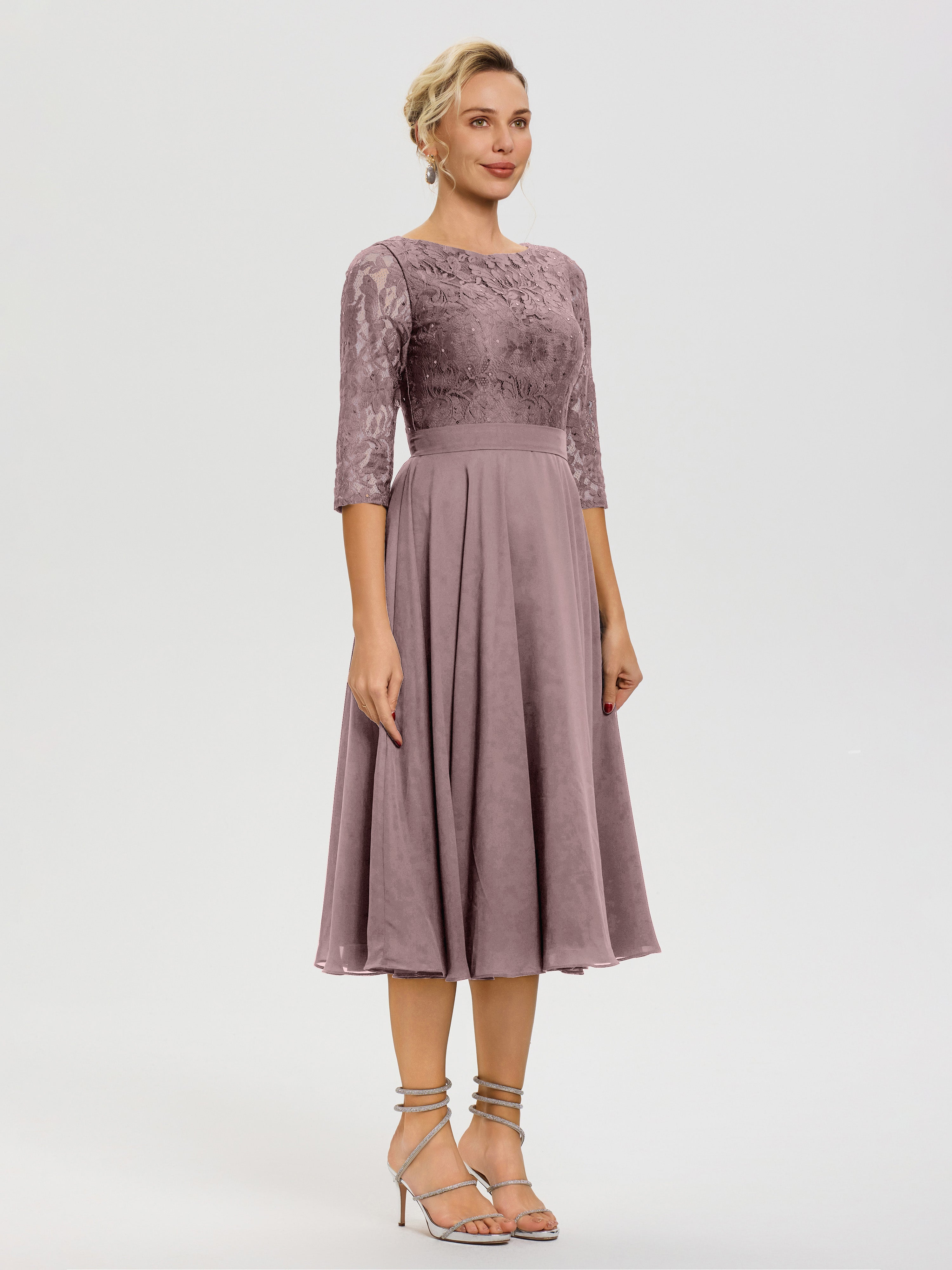 Robe Cérémonie Mariage Mère Du Marié Vintage Mauve Col Rond Mousseline & Dentelle Robe Mère De La Mariée