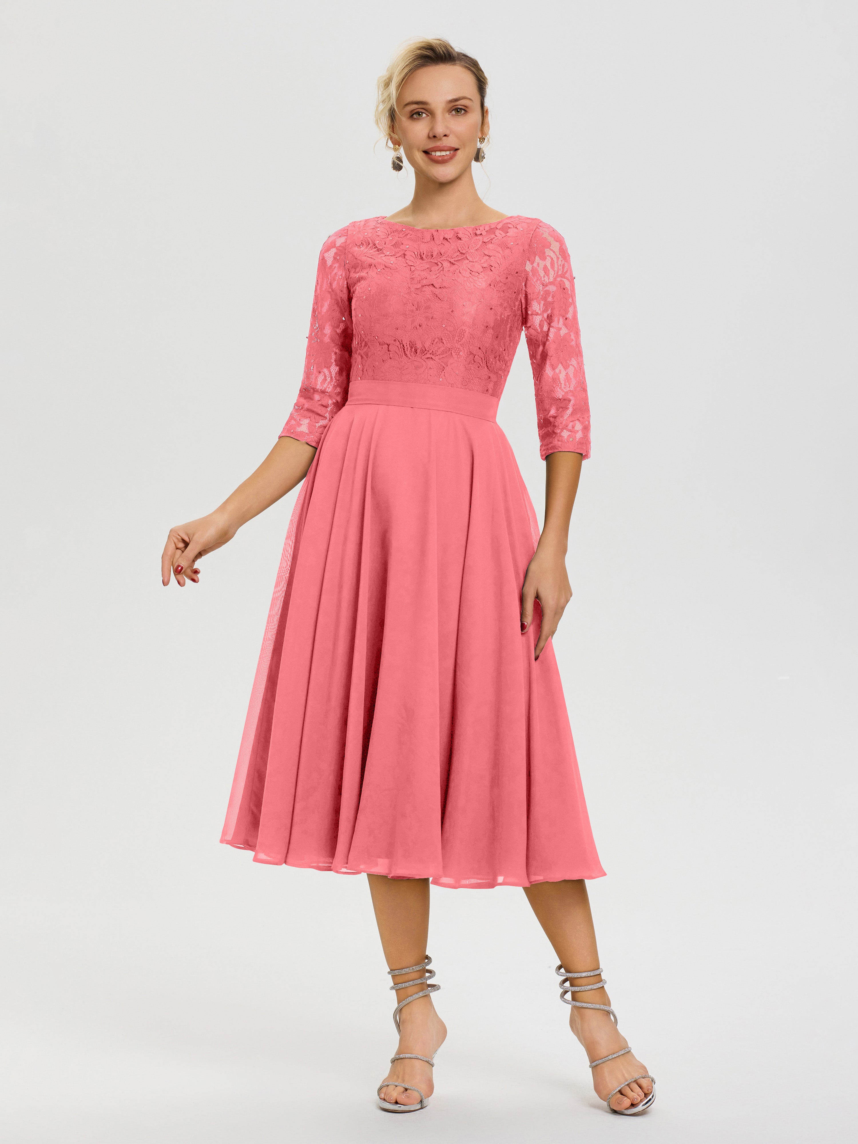 Robe Mariage Mère De La Mariée Pastèque Col Rond Mousseline & Dentelle Robe Mère De La Mariée