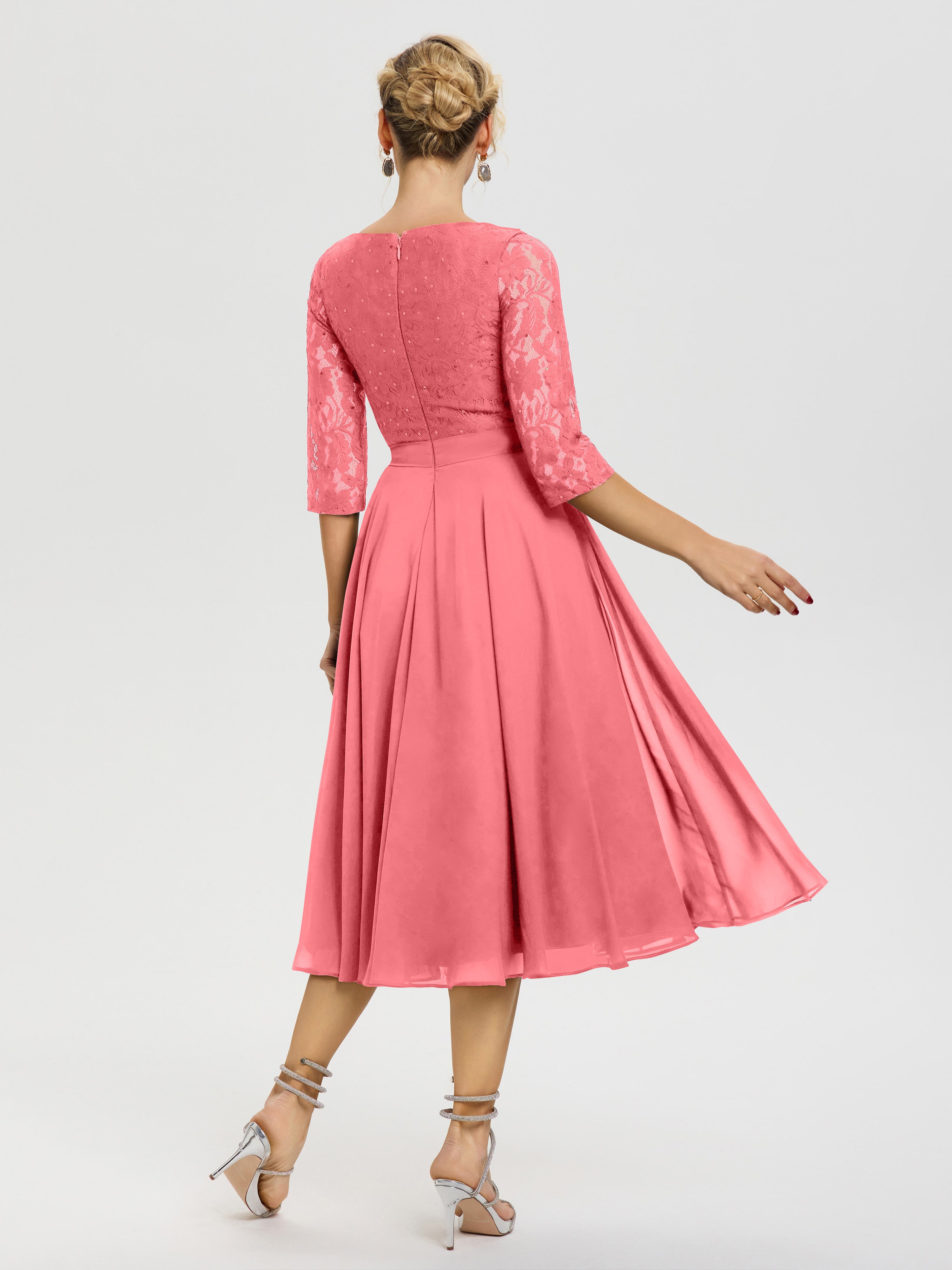 Robe Mariage Mère De La Mariée Pastèque Col Rond Mousseline & Dentelle Robe Mère De La Mariée