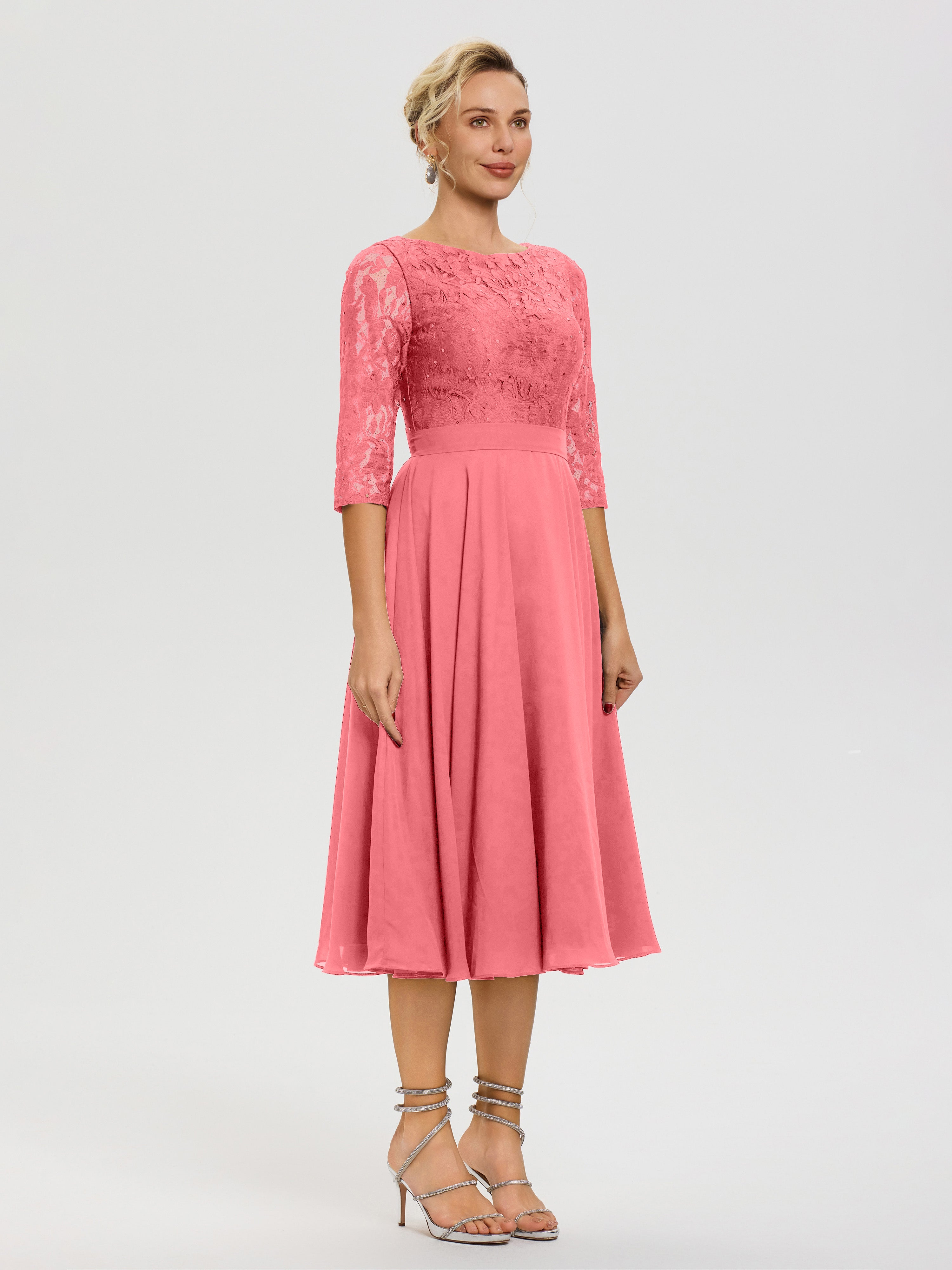 Robe Mariage Mère De La Mariée Pastèque Col Rond Mousseline & Dentelle Robe Mère De La Mariée