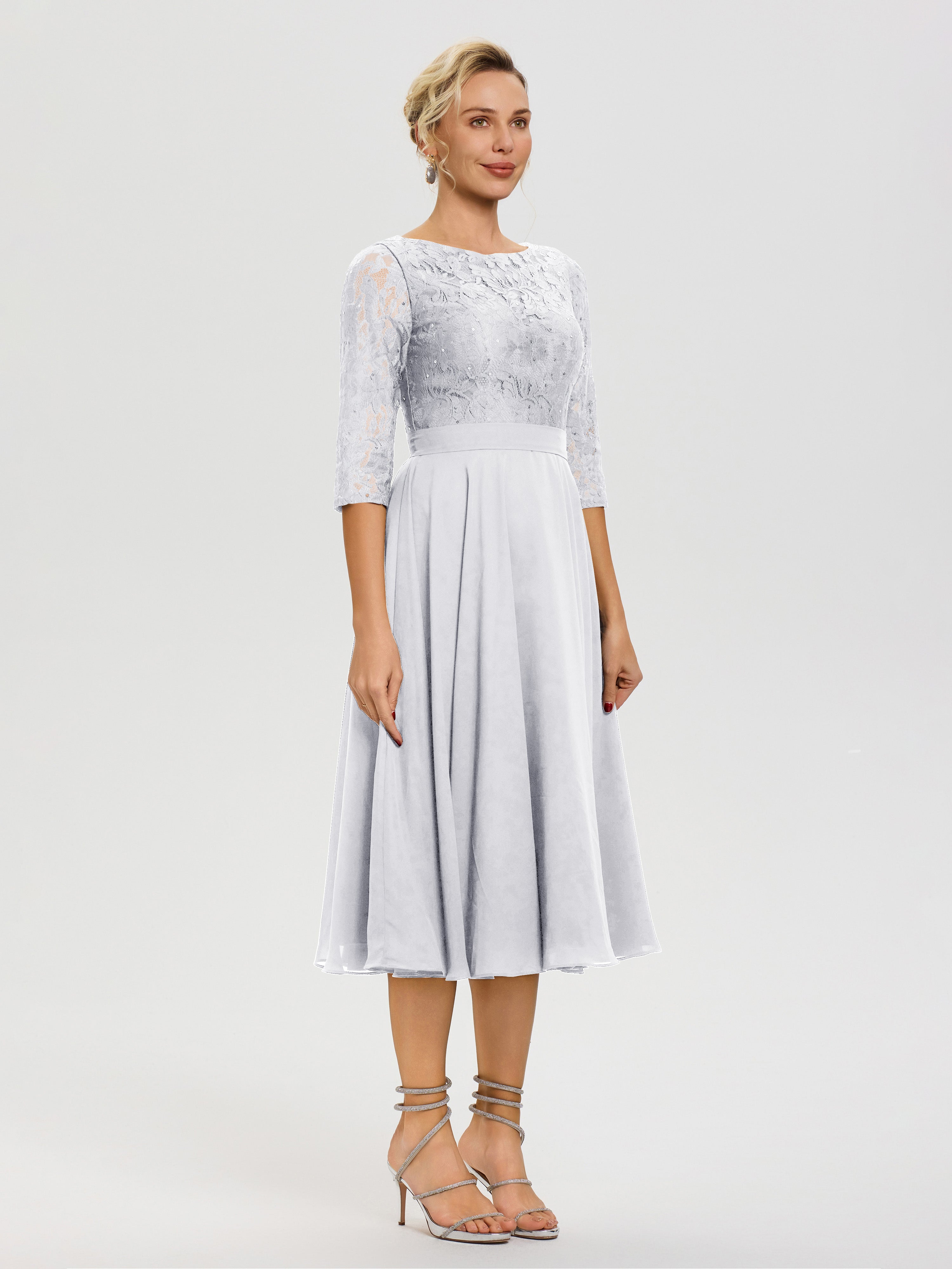 Robe Mere Dela Mariee Blanc Col Rond Mousseline & Dentelle Robe Mère De La Mariée