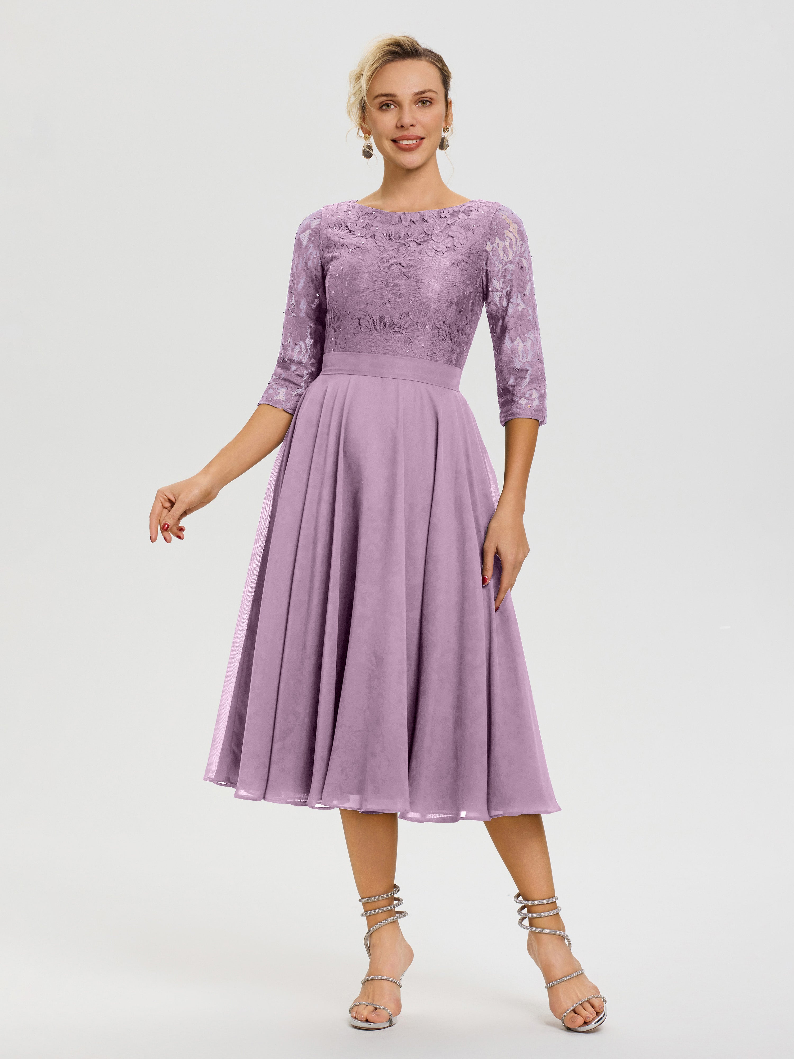 Robe De La Mère Du Marié Glycine Col Rond Mousseline & Dentelle Robe Mère De La Mariée