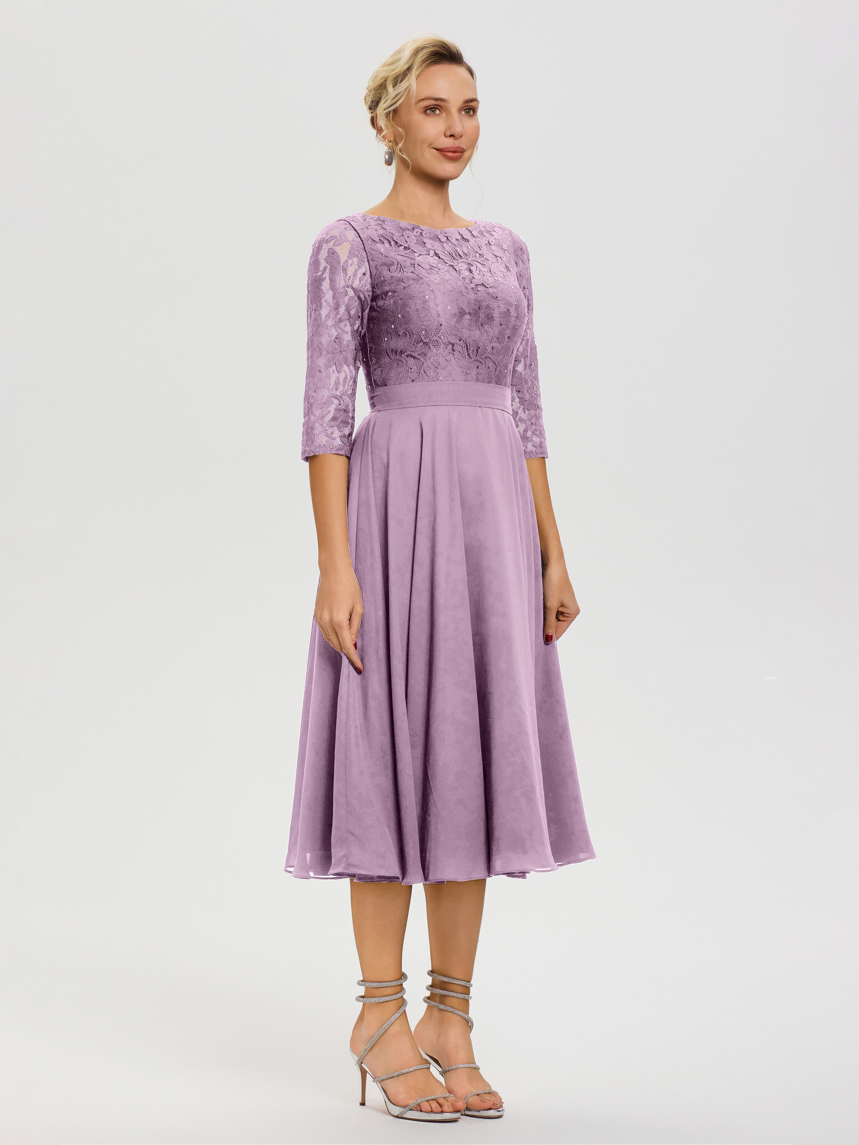Robe De La Mère Du Marié Glycine Col Rond Mousseline & Dentelle Robe Mère De La Mariée