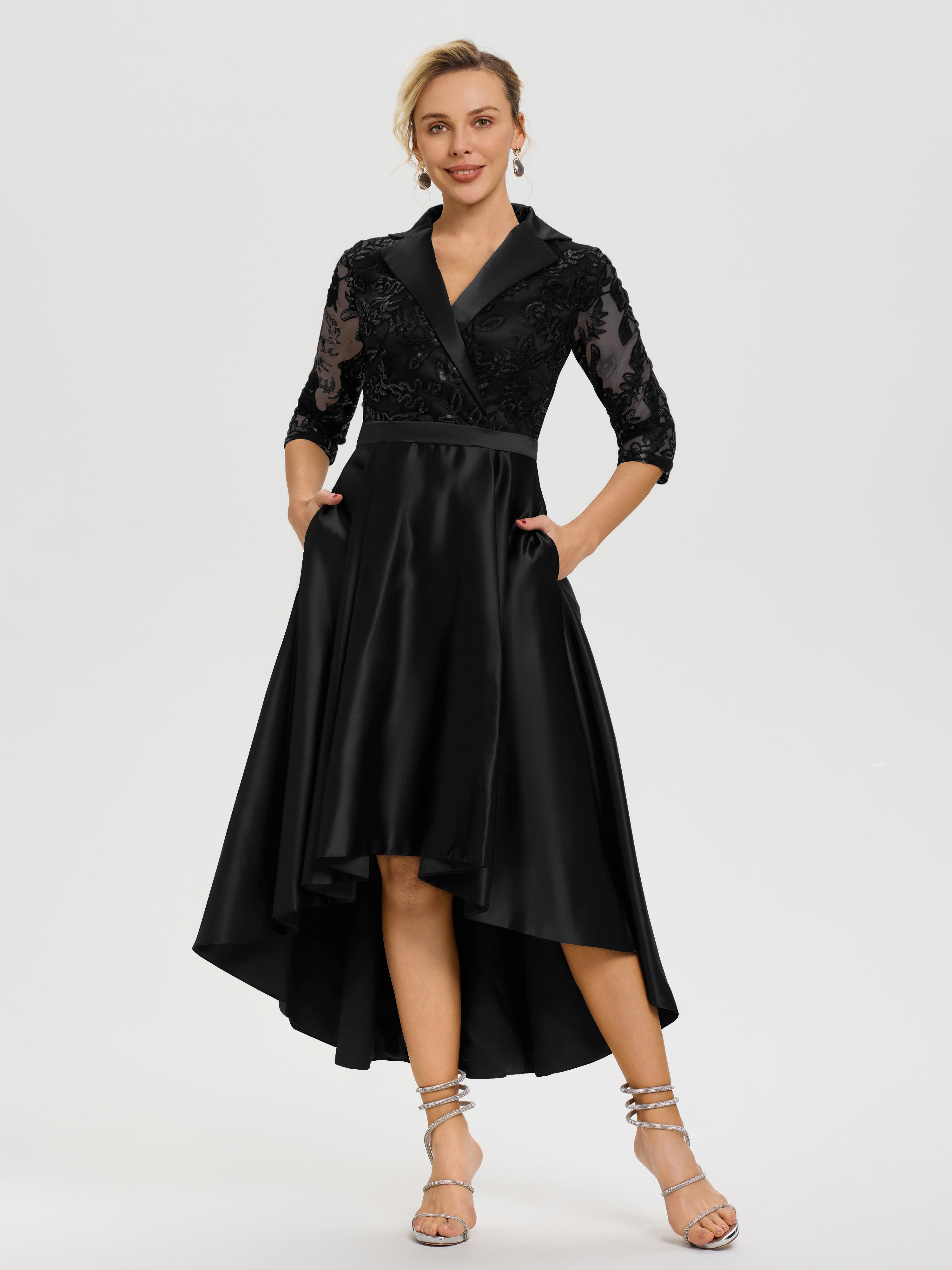 Robe De Mère Du Marié Noir Col V Asymétrique Satin & Dentelle Robe Mère De La Mariée Moderne